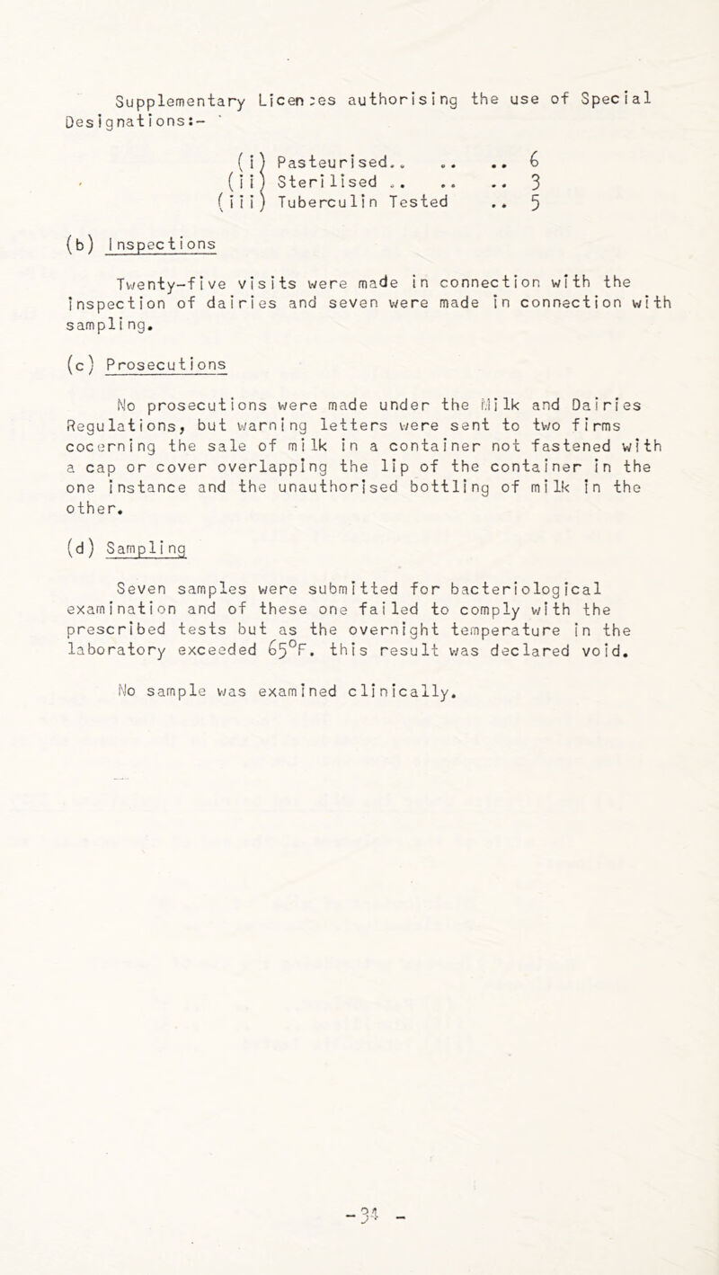 Supplementary L{cen:es authorising the use of Special Designations:- (> 3 5 Pasteurised.o Sterl Used . . Tuberculin Tested (b) Inspec tions Tv^enty-flve visits were made in connection with the Inspection of dairies and seven v/ere made in connection with sampling, (c) Prosecutions No prosecutions v^ere made under the f.lllk and Dairies Regulations, but v/arning letters were sent to ivio firms cocerning the sale of milk in a container not fastened with a cap or cover overlapping the lip of the container in the one Instance and the unauthorised bottling of milk in the other, (d) Sampling Seven samples were submitted for bacteriological examination and of these one failed to comply with the prescribed tests but as the overnight temperature in the laboratory exceeded . this result was declared void. No sample was examined clinically.