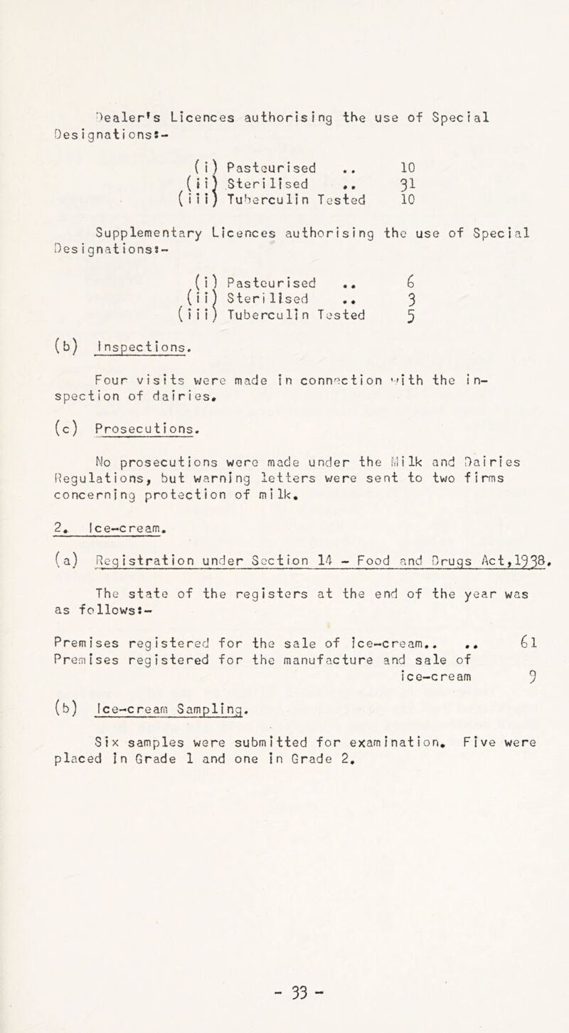 bealerfs Licences authorising the use of Special Designationst- (i) Pasteurised .. 10 (ii) Ster ilised ., 3^ (ili) Tuberculin Tested 10 Supplementary Licences authorising the use of Special Designationss- (i) Pasteurised .. 6 ( i i) Ster i Used .. 3 (iii) Tuberculin Tested 3 Inspections. Four visits were made in connection ith the in' spection of dairies# (c) Prosecutions. No prosecutions were made under the Milk and Dairies Regulations, but warning letters were sent to two firms concerning protection of milk. 2. Ice-cream. (a) Registration under Section 14 - Food and Drugs Act,1938# The state of the registers at the end of the year was as followss- Premises registered for the sale of ice-cream.. 6l Premises registered for the manufacture and sale of ice-cream 9 (b) Ice -cream Sampling. Six samples were submitted for examination. Five were placed in Grade 1 and one in Grade 2,