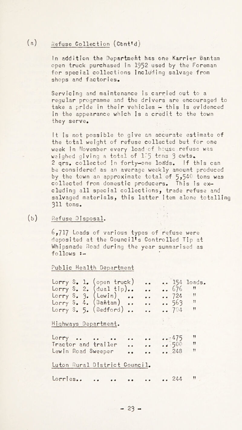 (s) nsfuse Collection (Cbnt^d) In addition the Department has one Karrier Bantam open truck purchased in 1952 used by the Foreman for special collections indu'd ing salvage from shops and factories. Servicing and maintenance is carried out to a regular programme and the drivers are encouraged to take a pride in their vehicles - this is evidenced in the appearance which is a credit to the town they serve. It is not possible to give an accurate estimate of the total weight of refuse collected but for one week in November every load'cf hcase refuse was weighed giving a total of tens 3 cwts. 2 qrs, collected in forty-one loa’ds. If this can be considered as an average weekly amount produced by the town an approximate total of 5)5'!^’ tons was collected from domestic producers. This is ex- cluding all special collectionSj trade refuse and salvaged materials, this latter item alone totalling 311 tons. (b) Defuse Disposal, ' 6,717 Loads of various types of refuse were deposited at the Council*s Controlled Tip at Whipsnade Doad during the year summarised as follows s- Public Health Department Lorry S, 1, (open truck) ... .. I54 loads. Lorry S. 2. (dual tip).. .. ., 676 Lorry S, 3» (Lewin) ,. .. ']2^  Lorry S, 4. (Bantam) .. 5^3 ” Lorry S, (Bedford) .. 7^4 ” Hjghyyays Department. Lorry *.-475 ’’ Tractor and trailer 5^^^ ” Lewin Road Sweeper 248 ” Luton Rural District Council. Lorries,. .. .. .. 244