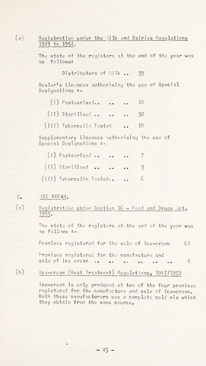 Registration under the 'lilk and Dairies Regulations 1949 to 195^. The state of the registers at the end of the year was as follows! Distributors of Milk 39 Dealer’s Licences authorising the use of Special Designations s- (l) Pasteurised 10 ( i i) Steri li sed 32 (iii) Tuberculin Tested .« 10 Supplementary Licences authorising the use of Special Designations •- (i) Pasteurised 7 ( i i) Ster i li sed 3 (iii) Tuberculin Tested., 6 ICE CREAM. Registration under Section iC - Food and Drugs /^ct, 1955. The state of the registers at the end of the year was as follov/s !- Premises registered for the sale of ice-cream 6l Premises registered for the manufacture and sale of ice cream 4 Ice-cream (Heat Treatment) Regulations, 1947/1952 Ice-cream Is only produced at two of the four premises registered for the manufacture and sale of ice-cream. Both these manufacturers use a complete cold mix which they obtain from the same source.