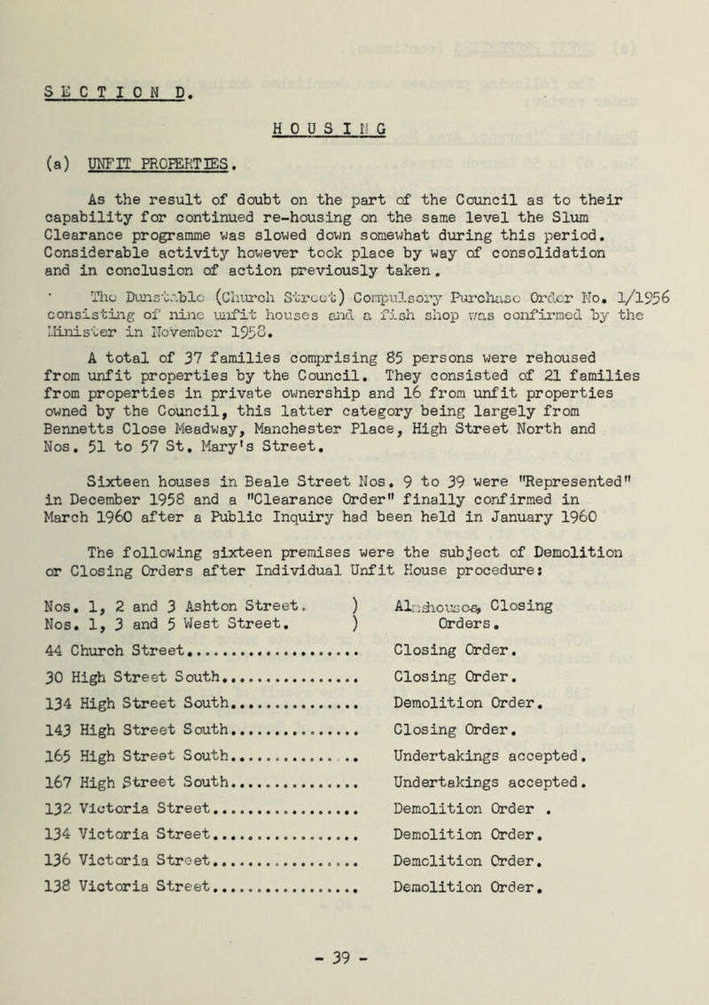 H 0 U S I If G (a) UNFIT PROPERTIES. As the result of doubt on the part of the Council as to their capability for continued re-housing on the same level the Slum Clearance programme was slowed down somewhat during this period. Considerable activity however took place by way of consolidation and in conclusion of action previously taken, Tho Dmistr.blc (Claurch Street) Compulsory Purchase Order No, 1/1956 consisting of niiie unfit houses and a fish shop v/as confirmed by the Minister in November 195S» A total of 37 families comprising 85 persons were rehoused from unfit properties by the Council, They consisted of 21 families from properties in private ownership and 16 from unfit properties owned by the Council, this latter category being largely from Bennetts Close Meadway, Manchester Place, High Street North and Nos, 51 to 57 St. Mary's Street, Sixteen houses in Beale Street Nos, 9 to 39 were Represented” in December 1958 and a Clearance Order finally confirmed in March I960 after a Public Inquiry had been held in January I960 The following sixteen premises were the subject of Demolition or Closing Orders after Individual Unfit House procedure: Nos, 1, 2 and 3 Ashton Street. ) Nos, 1, 3 and 5 VJest Street. ) 44 Church Street 30 High Street South 134 High Street South 143 High Street South l65 High Street South , .. 167 High Street South 132 Victoria Street 134 Victoria Street 136 Victoria Street 138 Victoria Street Alndiousos, Olosing Orders, Closing Order. Closing Order. Demolition Order, Closing Order, Undertakings accepted. Undertakings accepted. Demolition Order , Demolition Order. Demolition Order. Demolition Order.
