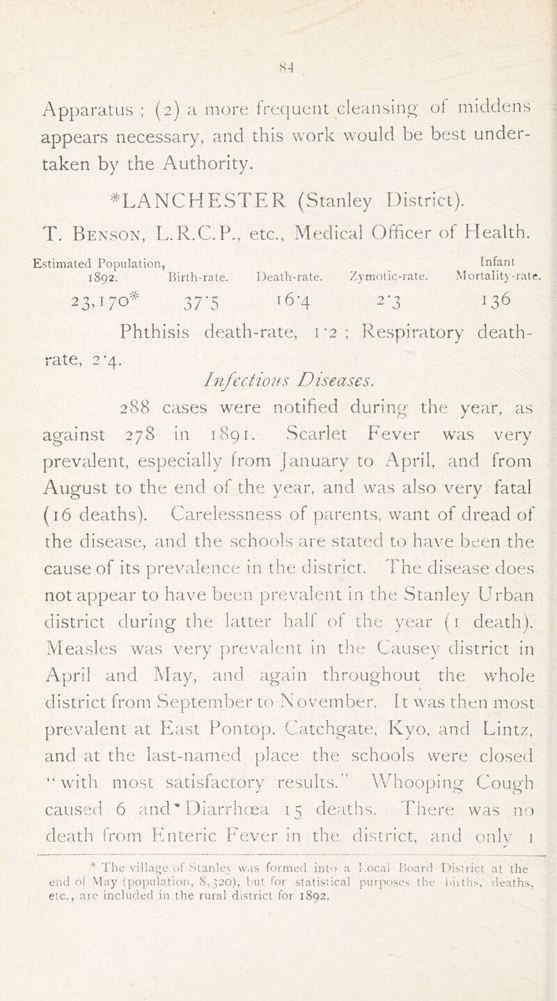 appears necessary, and this work would be best under- taken by the Authority. MANCHESTER (Stanley District). T. Benson, L.R.C.P., etc., Medical Officer of Health. Estimated Population, Infant 1892. Birth-rate. Death-rate. Zymotic-rate. Mortality-rate. 23,170* 37'5 i6'4 2'3 136 Phthisis death-rate, 1*2; Respiratory death- rate, 2*4. Infectious Diseases. 288 cases were notified during the year, as against 278 in 1891. Scarlet Fever was very prevalent, especially from January to April, and from August to the end of the year, and was also very fatal (16 deaths). Carelessness of parents, want of dread of the disease, and the schools are stated to have been the cause of its prevalence in the district. The disease does not appear to have been prevalent in the Stanley Urban district during the latter half of the year (r death). Measles was very prevalent in the Causey district in April and May, and again throughout the whole district from September to November. 11 was then most prevalent at East Pontop. Catchgate, Kvo, and Lintz, and at the last-named place the schools were closed “with most satisfactory results.” Whooping Cough caused 6 and% Diarrhoea 15 deaths. There was no death from Enteric Fever in the district, and only 1 ✓ * The village of Stan.le\ was formed into a Local Board District at the end of May (population, 8,320), but for statistical purposes the births, deaths, etc., arc included in the rural district for 1892.