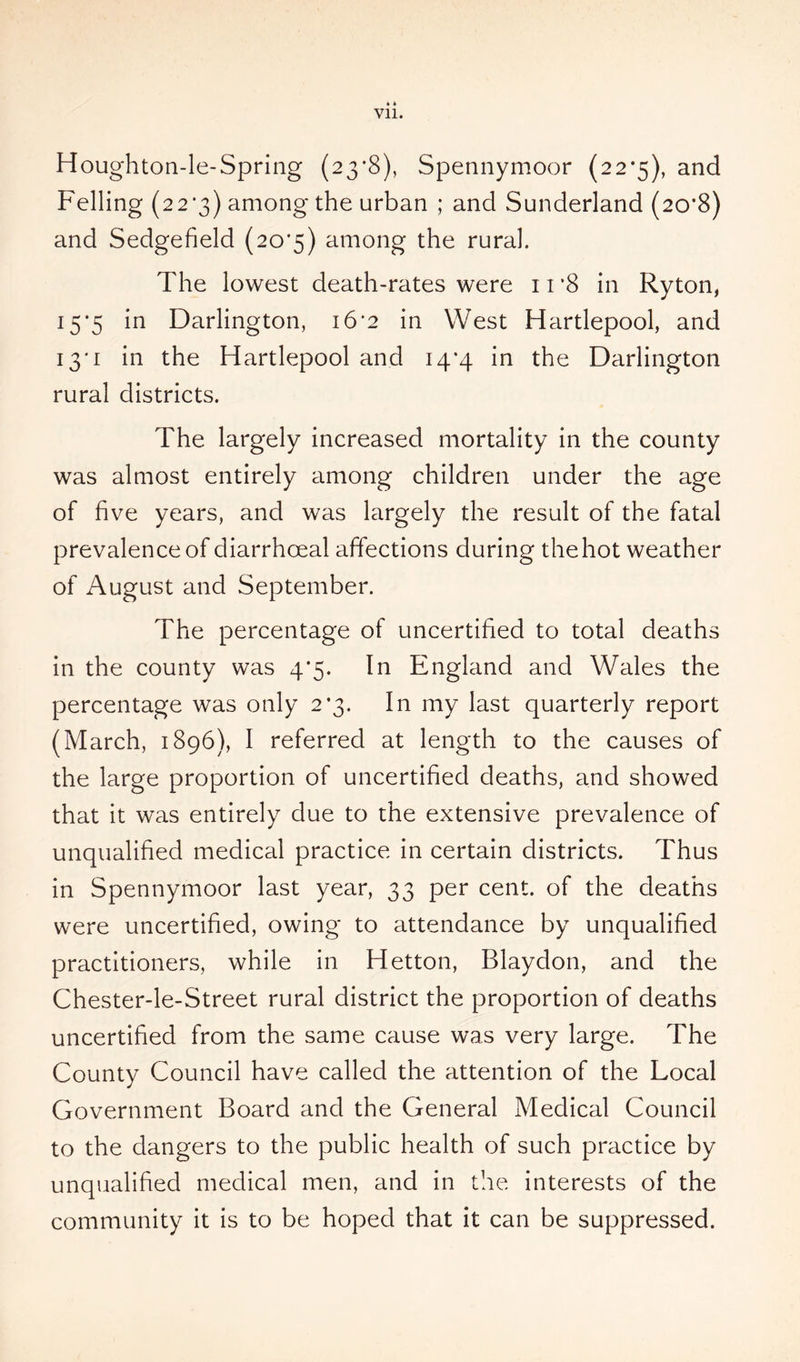 * * Vll. Houghton-le-Spring (23*8), Spennymoor (22*5), and Felling (22*3) among the urban ; and Sunderland (20*8) and Sedgefield (20*5) among the rural. The lowest death-rates were n*8 in Ryton, 15*5 in Darlington, 16'2 in West Hartlepool, and 13'1 in the Hartlepool and 14*4 in the Darlington rural districts. The largely increased mortality in the county was almost entirely among children under the age of five years, and was largely the result of the fatal prevalence of diarrhceal affections during thehot weather of August and September. The percentage of uncertified to total deaths in the county was 4*5. In England and Wales the percentage was only 2*3. In my last quarterly report (March, 1896), I referred at length to the causes of the large proportion of uncertified deaths, and showed that it was entirely due to the extensive prevalence of unqualified medical practice in certain districts. Thus in Spennymoor last year, 33 per cent, of the deaths were uncertified, owing to attendance by unqualified practitioners, while in Hetton, Blaydon, and the Chester-le-Street rural district the proportion of deaths uncertified from the same cause was very large. The County Council have called the attention of the Local Government Board and the General Medical Council to the dangers to the public health of such practice by unqualified medical men, and in the interests of the community it is to be hoped that it can be suppressed.