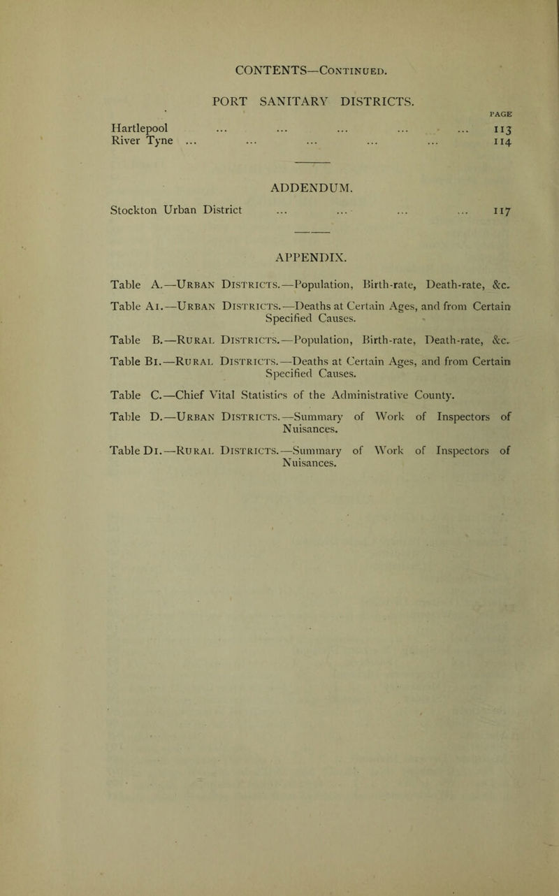 PORT SANITARY DISTRICTS. PAGE Hartlepool ... ... ... ... ... 113 River Tyne ... ... ... ... ... 114 ADDENDUM. Stockton Urban District ... ... ... ... 117 APPENDIX. Table A.—Urban Districts.—Population, Birth-rate, Death-rate, &c, Table Ai.—Urban Districts.—Deaths at Certain Ages, and from Certain Specified Causes. Table B.—Rural Districts.—Population, Birth-rate, Death-rate, &c. Table Bi.—Rural Districts.—Deaths at Certain Ages, and from Certain Specified Causes. Table C.—Chief Vital Statistics of the Administrative County. Table D.—Urban Districts.—Summary of Work of Inspectors of Nuisances. Table Di.—Rural Districts.—Summary of Work of Inspectors of Nuisances.