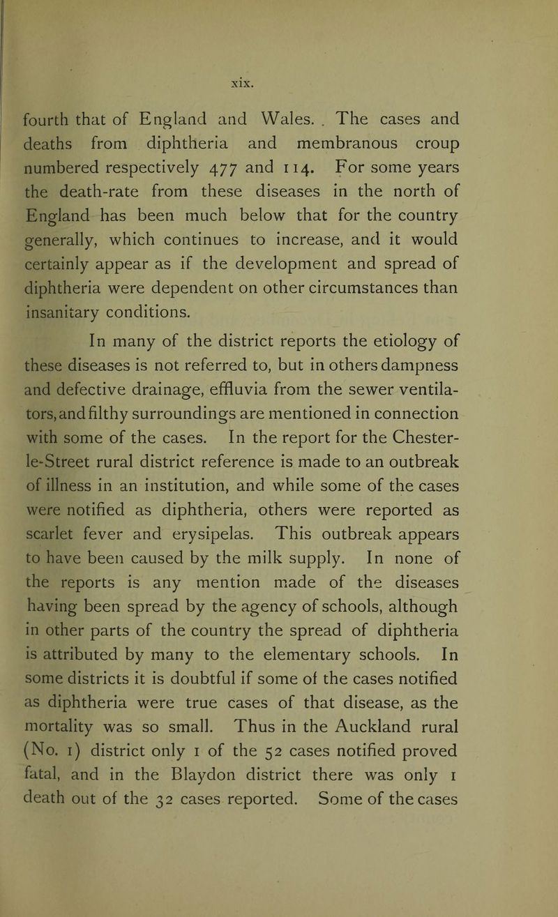 fourth that of England and Wales. . The cases and deaths from diphtheria and membranous croup numbered respectively 477 and 114. For some years the death-rate from these diseases in the north of England has been much below that for the country generally, which continues to increase, and it would certainly appear as if the development and spread of diphtheria were dependent on other circumstances than insanitary conditions. In many of the district reports the etiology of these diseases is not referred to, but in others dampness and defective drainage, effluvia from the sewer ventila¬ tors, and filthy surroundings are mentioned in connection with some of the cases. In the report for the Chester- le*-Street rural district reference is made to an outbreak of illness in an institution, and while some of the cases were notified as diphtheria, others were reported as scarlet fever and erysipelas. This outbreak appears to have been caused by the milk supply. In none of the reports is any mention made of the diseases having been spread by the agency of schools, although in other parts of the country the spread of diphtheria is attributed by many to the elementary schools. In some districts it is doubtful if some of the cases notified as diphtheria were true cases of that disease, as the mortality was so small. Thus in the Auckland rural (No. 1) district only 1 of the 52 cases notified proved fatal, and in the Blaydon district there was only 1 death out of the 32 cases reported. Some of the cases