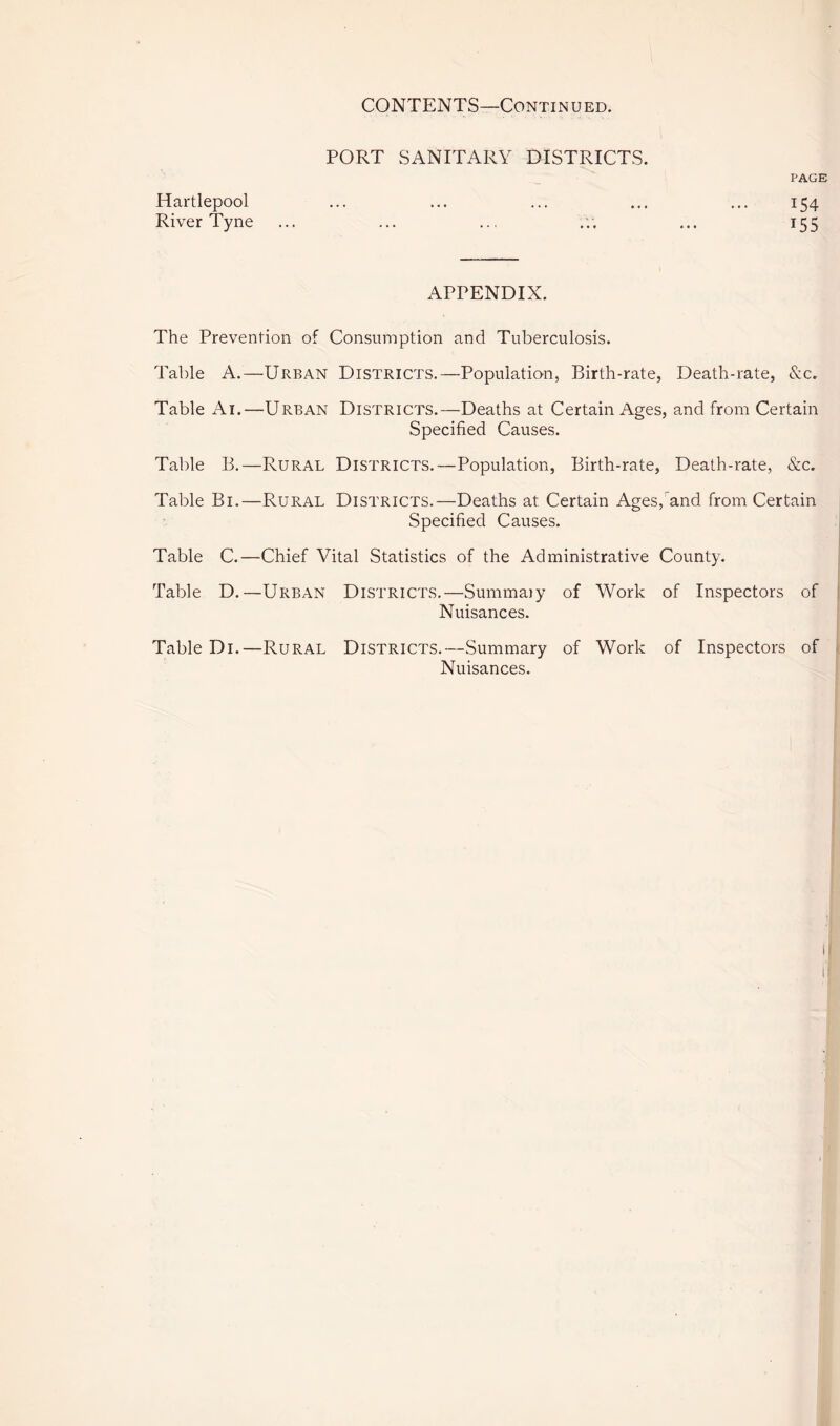 PORT SANITARY DISTRICTS. PAGE 154 155 Hartlepool River Tyne APPENDIX. The Prevention of Consumption and Tuberculosis. Table A.—Urban Districts.—Population, Birth-rate, Death-rate, &c. Table Ai.—Urban Districts.—Deaths at Certain Ages, and from Certain Specified Causes. Table B.—Rural Districts.—Population, Birth-rate, Death-rate, See. Table Bi.—Rural Districts.—Deaths at Certain Ages, and from Certain Specified Causes. Table C.—Chief Vital Statistics of the Administrative County. Table D.—Urban Districts.—Summaiy of Work of Inspectors of Nuisances. Table Di.—Rural Districts.—Summary of Work of Inspectors of Nuisances.