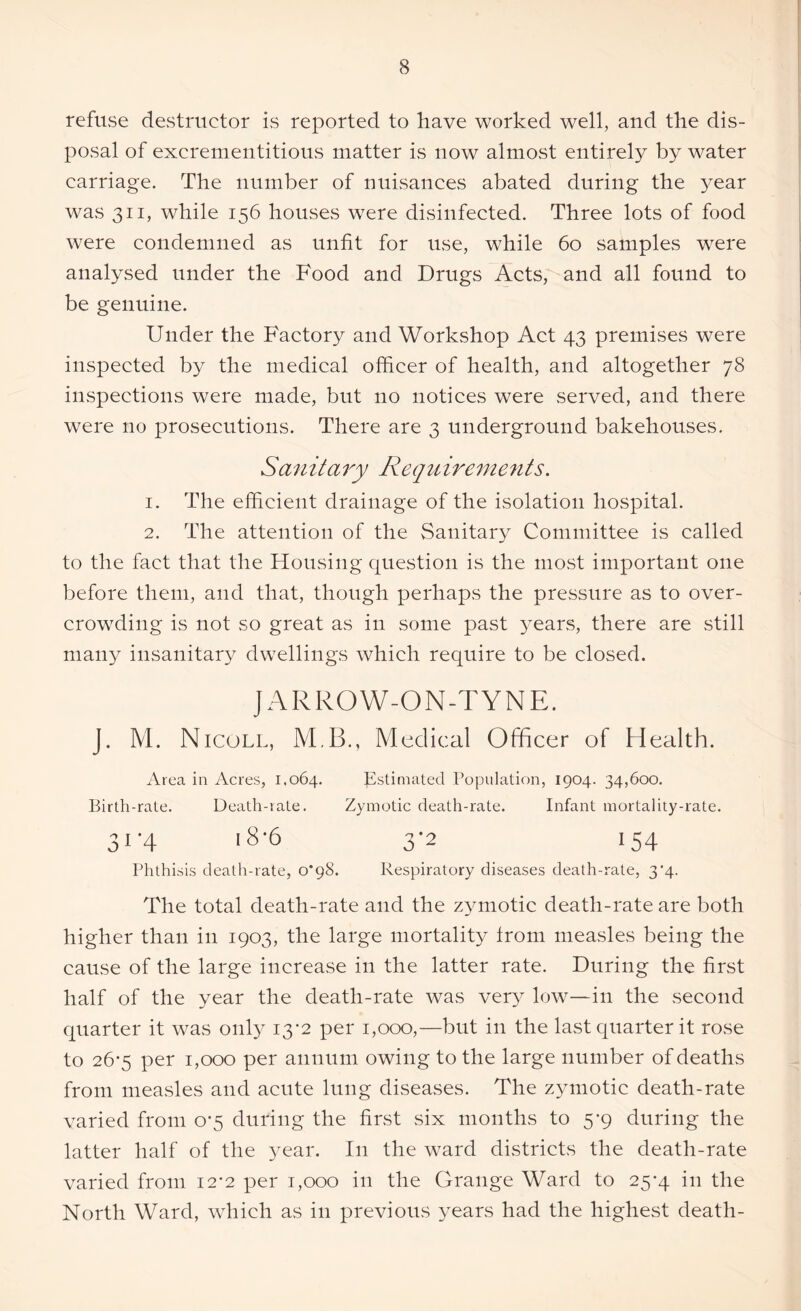 refuse destructor is reported to have worked well, and the dis- posal of excrementitious matter is now almost entirely by water carriage. The number of nuisances abated during the year was 311, while 156 houses were disinfected. Three lots of food were condemned as unfit for use, while 60 samples were analysed under the Food and Drugs Acts, and all found to be genuine. Under the Factory and Workshop Act 43 premises were inspected by the medical officer of health, and altogether 78 inspections were made, but 110 notices were served, and there were no prosecutions. There are 3 underground bakehouses. Sanitary Requirements. 1. The efficient drainage of the isolation hospital. 2. The attention of the Sanitary Committee is called to the fact that the Housing question is the most important one before them, and that, though perhaps the pressure as to over- crowding is not so great as in some past 3-ears, there are still many insanitary dwellings which require to be closed. JARROW-ON-TYNE. J. M. Nicoll, M B., Medical Officer of Health. Area in Acres, 1.064. Estimated Population, 1904. 34,600. Birth-rate. Death-rate. Zymotic death-rate. Infant mortality-rate. 31-4 18-6 3-2 154 Phthisis death-rate, 0*98. Respiratory diseases death-rate, 34. The total death-rate and the zymotic death-rate are both higher than in 1903, the large mortality from measles being the cause of the large increase in the latter rate. During the first half of the year the death-rate was very low—in the second quarter it was only 13-2 per 1,000,—but in the last quarter it rose to 26*5 per 1,000 per annum owing to the large number of deaths from measles and acute lung diseases. The zymotic death-rate varied from 0-5 during the first six months to 5-9 during the latter half of the year. I11 the ward districts the death-rate varied from 12*2 per 1,000 in the Grange Ward to 25-4 in the North Ward, which as in previous years had the highest death-