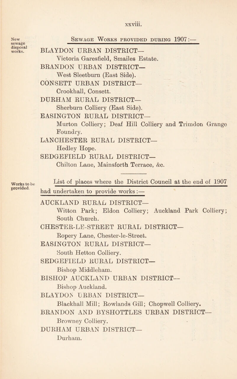 X'XVlll. New sewage disposal works. Works to be provided. Sewage Works provided during 1907:— BLAYDON URBAN DISTRICT— Victoria Garesfield, Smailes Estate. BRANDON URBAN DISTRICT— West Sleetburn (East Side). CONSETT URBAN DISTRICT— Crookhall, Consett. DURHAM RURAL DISTRICT— Sherburn Colliery (East Side). EASINGTON RURAL DISTRICT— Murton Colliery; Deaf Hill Colliery and Trimdon Grange Foundry. LANCHESTER RURAL DISTRICT— Hedley Hope. SEDGEFIELD RURAL DISTRICT— Chilton Lane, Mainsforth Terrace, &c. List of places where the District Council at the end of 1907 had undertaken to provide works :— AUCKLAND RURAL DISTRICT— Witton Park; Eldon Colliery; Auckland Park Colliery; South Church. CHESTER-LE-STREET RURAL DISTRICT— Ropery Lane, Chester-le-Street. EASINGTON RURAL DISTRICT— South Hetton Colliery. SEDGEFIELD RURAL DISTRICT— Bishop Middleham. BISHOP AUCKLAND URBAN DISTRICT— Bishop Auckland. BLAYDON URBAN DISTRICT— Blackhall Mill; Rowlands Gill; Chopwell Colliery. BRANDON AND BYSHOTTLES URBAN DISTRICT— Browney Colliery. DURHAM URBAN DISTRICT— Durham.