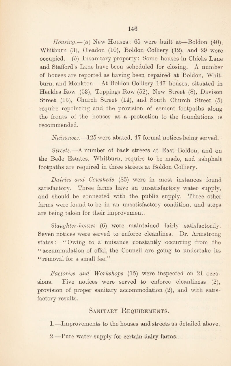 Housing.—{a) New Houses: 65 were built at—Boldon (40),, Whitburn (3), Cleadon (10), Boldon Colliery (12), and 29 were occupied. (b) Insanitary property: Some houses in Chicks Lane and Stafford’s Lane have been scheduled for closing. A number of houses are reported as having been repaired at Boldon, Whit- burn, and Monkton. At Boldon Colliery 147 houses, situated in Heckles Row (53), Toppings Row (52), New Street (8), Davison Street (15), Church Street (14), and South Church Street (5) require repointing and the provision of cement footpaths along the fronts of the houses as a protection to the foundations is recommended. Nuisances.—125 were abated, 47 formal notices being served. Streets.—A number of back streets at East Boldon, and on the Bede Estates, Whitburn, require to be made, and ashphalt footpaths are required in three streets at Boldon Colliery. Dairies ancl Cowsheds (85) were in most instances found satisfactory. Three farms have an unsatisfactory water supply, and should be connected with the public supply. Three other farms were found to be in an unsatisfactory condition, and steps are being taken for their improvement. Slaughter-houses (6) were maintained fairly satisfactorily. Seven notices were served to enforce cleanlines. Dr. Armstrong states :—“ Owing to a nuisance constantly occurring from the “ accummulation of offal, the Council are going to undertake its “removal for a small fee.” Factories and Workshops (15) were inspected on 21 occa- sions. Five notices were served to enforce cleanliness (2), provision of proper sanitary accommodation (2), and with satis- factory results. Sanitary Requirements. 1. —Improvements to the houses and streets as detailed above. 2. —Pure water supply for certain dairy farms.