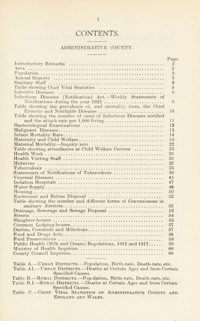 CONTENTS. ADMINISTRATIVE COUNTY. Introductory Remarks Area Population Annual Reports Sanitary Staff Table showing Chief Vital Statistics Infective Diseases Infectious Diseases (Notification) Act.—Weekly Statements of Notifications during the year 1923 Table showing the prevalence of, and mortality from, the Chief Zymotic and Notifiable Diseases Table showing the number of cases of Infectious Diseases notified and the attack-rate per 1,000 living Bacteriological Examinations . Malignant Diseases Infant Mortality Rate Maternity and Child Welfare Maternal Mortality—Inquiry into Table showing attendances at Child Welfare Centres Health Week Health Visiting Staff Midwives Tuberculosis Statements of Notifications of Tuberculosis Venereal Diseases Isolation Hospitals Water Supply Housing Excrement and Refuse Disposal Table showing the number and different forms of Conveniences in sanitary districts Drainage, Sewerage and Sewage Disposal Streets Slaughter-houses Common Lodging-houses Dairies, Cowsheds and Milkshops Food and Drugs Acts Food Preservatives Public Health (Milk and Cream) Regulations, 1912 and 1917 Ministry of Health Inquiries County Council Inquiries Page. 2 3 3 3 3 9 10 11 12 13 14 15 22 25 26 26 32 33 36 45 47 48 50 52 52 53 54 55 57 57 58 59 59 60 60 Table A.—Urban Districts.—Population, Birth-rate, Death-rate, etc. Table Al.—Urban Districts.—Deaths at Certain Ages and from Certain Specified Causes. Table B.—Rural Districts.—Population, Birth-rate, Death-rate, etc. Table B.l—Rural Districts.—Deaths at Certain Ages and from Certain Specified Causes. Table C.—Chief Vital Statistics of Administrative County and England and Wales,