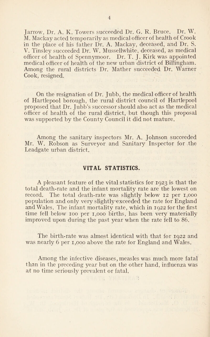 Jarrow, Dr. A. K. Towers succeeded Dr. G. R. Bruce. Dr. W. M. Mackay acted temporarily as medical officer of health of Crook in the place of his father Dr. A. Mackay, deceased, and Dr. S. V. Tinsley succeeded Dr. W. Mussellwhite, deceased, as medical officer of health of Spennymoor. Dr. T. J. Kirk was appointed medical officer of health of the new urban district of Billingham. Among the rural districts Dr. Mather succeeded Dr. Warner Cook, resigned. On the resignation of Dr. Jubb, the medical officer of health of Hartlepool borough, the rural district council of Hartlepool proposed that Dr. Jubb’s successor should also act as the medical officer of health of the rural district, but though this proposal was supported by the County Council it did not mature. Among the sanitary inspectors Mr. A. Johnson succeeded Mr. W. Robson as Surveyor and Sanitary Inspector for the Leadgate urban district. VITAL STATISTICS. A pleasant feature of the vital statistics for 1923 is that the total death-rate and the infant mortality rate are the lowest on record. The total death-rate was slightly below 12 per 1,000 population and only very slightly'exceeded the rate for England and Wales. The infant mortality rate, which in 1922 for the first time fell below 100 per 1,000 births, has been very materially improved upon during the past year when the rate fell to 86. The birth-rate was almost identical with that for 1922 and was nearly 6 per 1,000 above the rate for England and Wales. • f Among the infective diseases, measles was much more fatal than in the preceding year but on the other hand, influenza was at no time seriously prevalent or fatal,