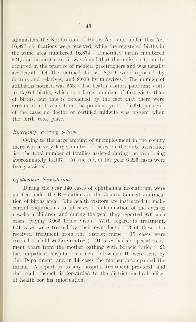 administers the Notification of Births Act, and under this Act 16,827 notifications were received, while the registered births in the same area numbered 16,874. Unnotified births numbered 524, and in most cases it was found that the omission to notify occurred in the practice of medical practitioners and was usually accidental. Of the notified births, 8,219 were reported by doctors and relatives, and 8,608 by midwives. The number of stillbirths notified was 553. The health visitors paid first visits to 17,074 births, which is a larger number of first visits than of births, but this is explained by the fact that there were arrears of first visits from the previous year. In 6T per cent, of the cases no doctor or certified midwife was present when the birth took place. Emergency Feeding Scheme. Owing to the large amount of unemployment in the county there was a very large number of cases on the milk assistance list, the total number of families assisted during the year being approximately 11,197. At the end of the year 6,225 cases were being assisted. Ophthalmia Neonatorum. During the year 140 cases of ophthalmia neonatorum were notified under the Regulations in the County Council’s notifica- tion of births area. The health visitors are instructed to make careful enquiries as to all cases of inflammation of the eyes of new-born children, and during the year they reported 876 such cases, paying 3,065 home visits. With regard to treatment, 671 cases were treated by their own doctor, 13 of these also received treatment from the district nurse ; 15 cases were treated at child welfare centres ; 194 cases had no special treat- ment apart from the mother bathing with boracic lotion ; 21 had in-patient hospital treatment, of which 19 were sent by this Department, and in 14 cases the mother accompanied the infant. A report as to any hospital treatment provided, and the result thereof, is forwarded to the district medical officer of health for his information.