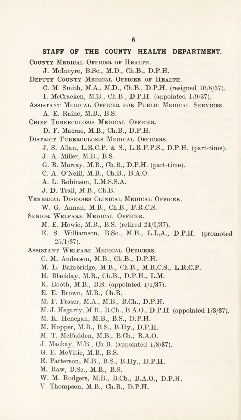 STAFF OF THE COUNTY HEALTH DEPARTMENT. County Medical Officer of Health. J. McIntyre, B.Sc., M.D., Ch.B., D.P.H. Deputy County Medical Officer of Health. C. M. Smith, M.A., M.D., Ch.B., D.P.H. (resigned 10/8/37). I. McCracken, M.B., Ch.B., D.P.H. (appointed 1/9/37). Assistant Medical Officer for Public Medical Services. A. E. Raine, M.B., B.S. Chief Tuberculosis Medical Officer. D. P. Macrae, M.B., Ch.B., D.P.H. District Tuberculosis Medical Officers. J. S. Allan, L.R.C.P. & S., L.R.F.P.S,, D.P.H. (part-time). J. A. Miher, M.B., B.S. G. B. Murray, M.B., Ch.B., D.P.H. (part-time). C. A. O’Neih, M.B., Ch.B., B.A.O. A. L. Robinson, L.M.S.S.A. J. D. Trail, M.B., Ch.B. Venereal Diseases Clinical Medical Officer. W. G. Annan, M.B., Ch.B., F.R.C.S. Senior Welfare Medical Officer. M. E. Howie, M.B., B.S. (retired 24/1/37). E. S. Winiamson, B.Sc., M.B., L.L.A., D.P.H. (promoted 25/1/37). Assistant Welfare Medical Officers. C. M. Anderson, M.B., Ch.B., D.P.H. M. L. Bainbridge, M.B., Ch.B., M.R.C.S., L.R.C.P. H. Blacklay, M.B., Ch.B., D.P.H., L.M. K. Booth, M.B., B.S. (appointed i/i/37). E. E. Brown, M.B., Ch.B. M. F. Fraser, M.A., M.B., B.Ch., D.P.H. M. J. Hegarty, M.B., B.Ch., B.A.O., D.P.H. (appointed 1/3/37). M. K. Henegan, M.B., B.S., D.P.H. M. Hopper, M.B., B.S., B.Hy., D.P.H. M. T. McFadden, M.B., B.Ch., B.A.O. J. Mackay, M.B., Ch.B. (appointed i/8/37). G. E. McVitie, M.B., B.S. E. Patterson, M.B., B.S., B.Hy., D.P.H. M. Raw, B.Sc., M.B., B.S. W. M. Rodgers, M.B., B.Ch., B.A.O., D.P.H. V. Thompson, M.B., Ch.B., D.P.H.