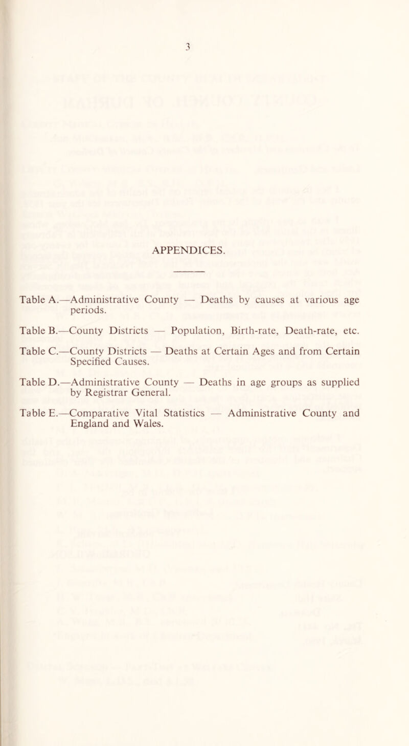 APPENDICES. Table A.—Administrative County — Deaths by causes at various age periods. Table B.—County Districts — Population, Birth-rate, Death-rate, etc. Table C.—County Districts — Deaths at Certain Ages and from Certain Specified Causes. Table D.—Administrative County — Deaths in age groups as supplied by Registrar General. Table E.—Comparative Vital Statistics — Administrative County and England and Wales.