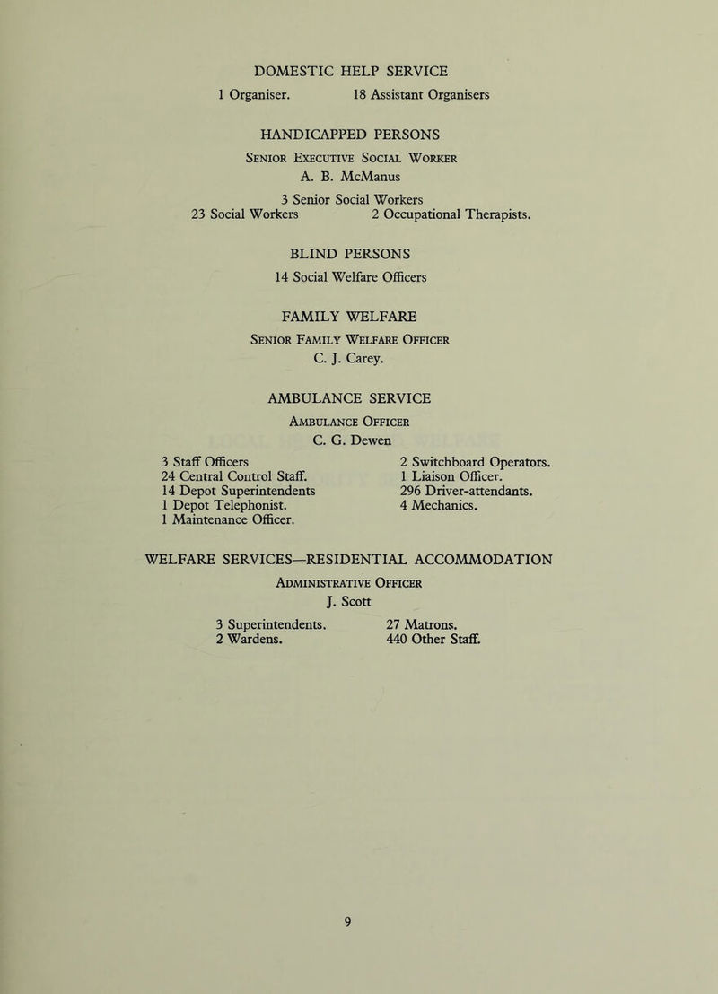DOMESTIC HELP SERVICE 1 Organiser. 18 Assistant Organisers HANDICAPPED PERSONS Senior Executive Social Worker A. B. McManus 3 Senior Social Workers 23 Social Workers 2 Occupational Therapists. BLIND PERSONS 14 Social Welfare Officers FAMILY WELFARE Senior Family Welfare Officer C. J. Carey. AMBULANCE SERVICE Ambulance Officer C. G. Dewen 3 Staff Officers 24 Central Control Staff. 14 Depot Superintendents 1 Depot Telephonist. 2 Switchboard Operators. 1 Liaison Officer. 296 Driver-attendants. 4 Mechanics. 1 Maintenance Officer. WELFARE SERVICES—RESIDENTIAL ACCOMMODATION Administrative Officer J. Scott 3 Superintendents. 2 Wardens. 27 Matrons. 440 Other Staff.