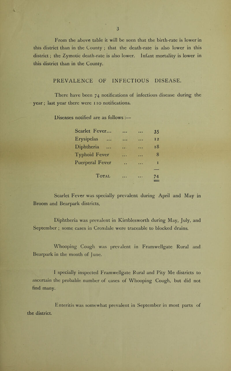 From the above table it will be seen that the birth-rate is lower in this district than in the County ; that the death-rate is also lower in this district; the Zymotic death-rate is also lower. Infant mortality is lower in this district than in the County. PREVALENCE OF INFECTIOUS DISEASE. There have been 74 notifications of infectious disease during the year; last year there were no notifications. Diseases notified are as follows :— 35 12 18 8 I Total ... ... 74 Scarlet Fever was specially prevalent during April and May in Broom and Bearpark districts. Diphtheria was prevalent in Kimblesworth during May, July, and September ; some cases in Croxdale were traceable to blocked drains. Scarlet Fever... Erysipelas Diphtheria Typhoid P'ever Puerperal Fever Whooping Cough was prevalent in Framwellgate Rural and Bearpark in the month of June. I specially inspected Framwellgate Rural and Pity Me districts to ascertain the probable number of cases of Whooping Cough, but did not find many. Enteritis was somewhat prevalent in September in most parts of the district.