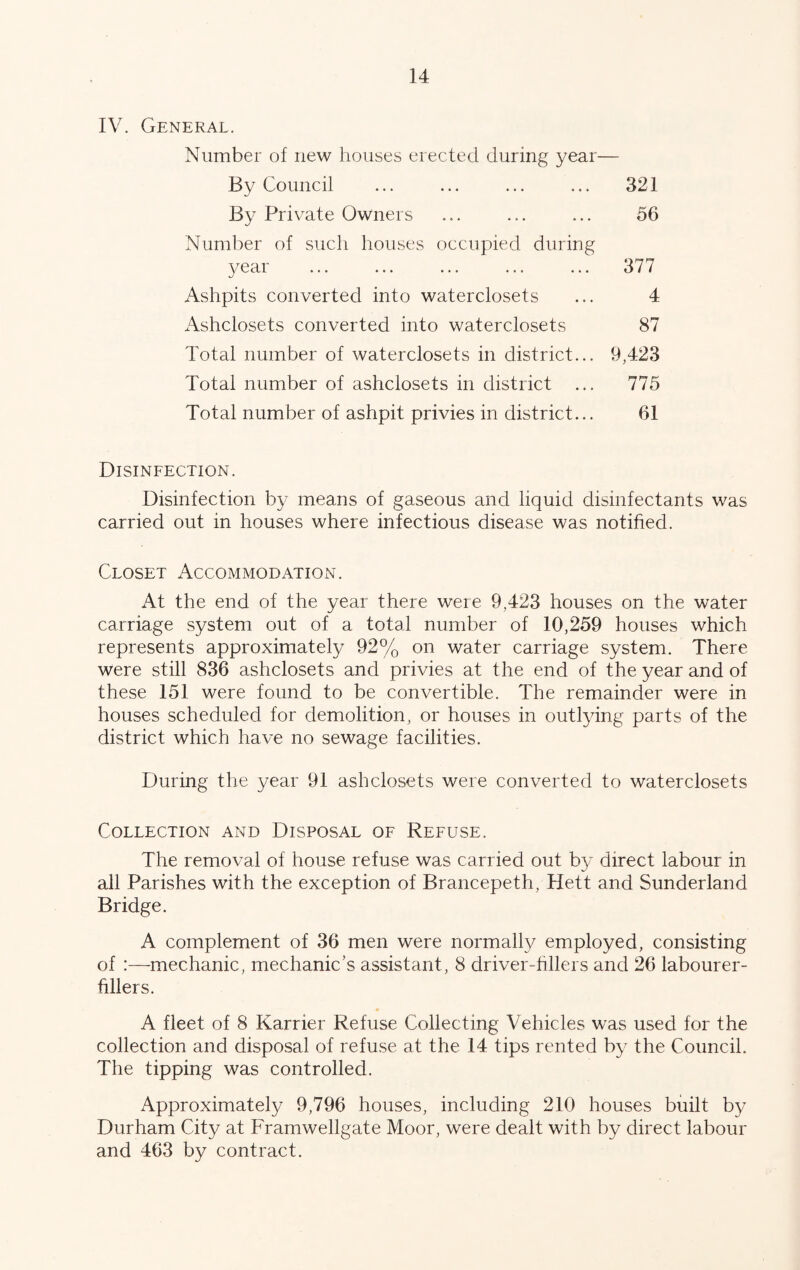 IV. General. Number of new houses erected during year— By Council ... ... ... ... 321 By Private Owners ... ... ... 56 Number of such houses occupied during 3/ear ... ... ... ... ... 377 Ashpits converted into waterclosets ... 4 x\shclosets converted into waterclosets 87 Total number of waterclosets in district... 9,423 Total number of ashclosets in district ... 775 Total number of ashpit privies in district... 61 Disinfection. Disinfection by means of gaseous and liquid disinfectants was carried out in houses where infectious disease was notified. Closet Accommodation. At the end of the year there were 9,423 houses on the water carriage system out of a total number of 10,259 houses which represents approximately 92% on water carriage system. There were still 836 ashclosets and privies at the end of the year and of these 151 were found to be convertible. The remainder were in houses scheduled for demolition, or houses in outtying parts of the district which have no sewage facilities. During the year 91 ashclosets were converted to waterclosets Collection and Disposal of Refuse. The removal of house refuse was carried out by direct labour in all Parishes with the exception of Brancepeth, Hett and Sunderland Bridge. A complement of 36 men were normally employed, consisting of :—mechanic, mechanic’s assistant, 8 driver-hllers and 26 labourer- fillers. A fleet of 8 Karrier Refuse Collecting Vehicles was used for the collection and disposal of refuse at the 14 tips rented by the Council. The tipping was controlled. Approximately 9,796 houses, including 210 houses built by Durham City at Framwellgate Moor, were dealt with by direct labour and 463 by contract.