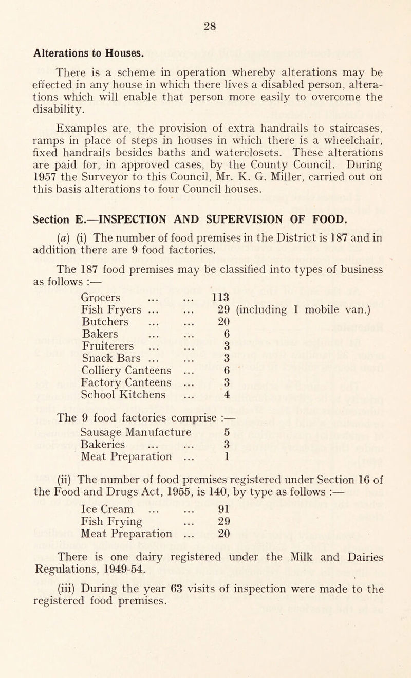 Alterations to Houses. There is a scheme in operation whereby alterations may be effected in any house in which there lives a disabled person, altera- tions which will enable that person more easily to overcome the disability. Examples are, the provision of extra handrails to staircases, ramps in place of steps in houses in which there is a wheelchair, fixed handrails besides baths and waterclosets. These alterations are paid for, in approved cases, by the County Council. During 1957 the Surveyor to this Council, Mr. K. G. Miller, carried out on this basis alterations to four Council houses. Section E.—INSPECTION AND SUPERVISION OF FOOD. (a) (i) The number of food premises in the District is 187 and in addition there are 9 food factories. The 187 food premises may be classified into types of business as follows :— Grocers 113 Fish Fryers ... 29 (including 1 mobile van.) Butchers 20 Bakers 6 Fruiterers 3 Snack Bars ... 3 Colliery Canteens ... 6 Factory Canteens ... 3 School Kitchens 4 The 9 food factories comprise :— Sausage Manufacture 5 Bakeries 3 Meat Preparation ... 1 (ii) The number of food premises registered under Section 16 Food and Drugs Act, 1955, is 140, by type as follows :— Ice Cream 91 Fish Frying 29 Meat Preparation ... 20 There is one dairy registered under the Milk and Dairies Regulations, 1949-54. (iii) During the year 63 visits of inspection were made to the registered food premises.