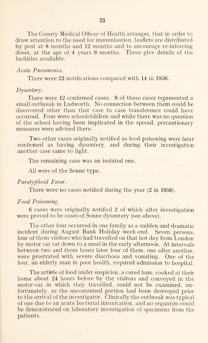 The County Medical Officer of Health arranges, that in order to draw attention to the need for immunisation, leaflets are distributed by post at 8 months and 12 months and to encourage re-inforcing doses, at the age of 4 years 9 months. These give details of the facilities available. Acute Pneumonia. There were 23 notihcations compared with 14 in 1956. Dysentery. There were 12 confirmed cases. 9 of these cases represented a small outbreak in Ludworth. No connection between them could be discovered other than that case to case transference could have occurred. Four were schoolchildren and while there was no question of the school having been implicated in the spread, precautionary measures were advised there. Two other cases originally notified as food poisoning were later conhrmed as having dysentery, and during their investigation another case came to light. The remaining case was an isolated one. All were of the Sonne type. Paratyphoid Fever. There were no cases notihed during the year (2 in 1956). Food Poisoning. 6 cases were originally notihed 2 of which after investigation were proved to be cases of Sonne dysentery (see above). The other four occurred in one family as a sudden and dramatic incident during August Bank Holiday week-end. Seven persons, four of them visitors who had travelled on that hot day from London by motor car sat down to a meal in the early afternoon. At intervals between two and three hours later four of them, one after another, were prostrated with severe diarrhoea and vomiting. One of the four, an elderly man in poor health, required admission to hospital. The article of food under suspicion, a cured ham, cooked at their home about 24 hours before by the visitors and conveyed in the motor-car in which they travelled, could not be examined, un- fortunately, as the unconsumed portion had been destroyed prior to the arrival of the investigator. Clinically the outbreak was typical of one due to an acute bacterial intoxication, and no organism could be demonstrated on laboratory investigation of specimens from the patients.