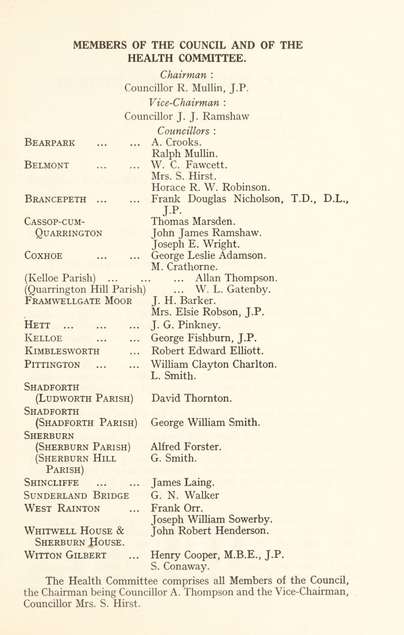 MEMBERS OF THE COUNCIL AND OF THE HEALTH COMMITTEE. Chairman : Councillor R. Mullin, J.P. Vice-Chairman : Councillor J. J. Ramshaw Bearpark Belmont Brancepeth Cassop-cum- Quarrington COXHOE (Kelloe Parish) (Quarrington Hill Parish) Framwellgate Moor Hett Kelloe Kimblesworth Councillors : A. Crooks. Ralph Mullin. W. C. Fawcett. Mrs. S. Hirst. Horace R. W. Robinson. Frank Douglas Nicholson, jp- Thomas Marsden. John James Ramshaw. Joseph E. Wright. George Leslie Adamson. M. Crathorne. ... Allan Thompson. ... W. L. Gatenby. J. H. Barker. Mrs. Elsie Robson, J.P. J. G. Pinkney. George Fishburn, J.P. Robert Edward Elliott. T.D., D.L., PiTTINGTON Shadforth (Ludworth Parish) Shadforth (Shadforth Parish) Sherburn (Sherburn Parish) (Sherburn Hill Parish) Shincliffe Sunderland Bridge William Clayton Charlton. L. Smith. David Thornton. George William Smith. Alfred Forster. G. Smith. James Laing. G. N. Walker West Rainton ... Frank Orr. Joseph William Sowerby. Whitwell House & John Robert Henderson. Sherburn JIouse. Witton Gilbert ... Henry Cooper, M.B.E., J.P. S. Conaway. The Health Committee comprises all Members of the Council, the Chairman being Councillor A. Thompson and the Vice-Chairman, Councillor Mrs. S. Hirst.