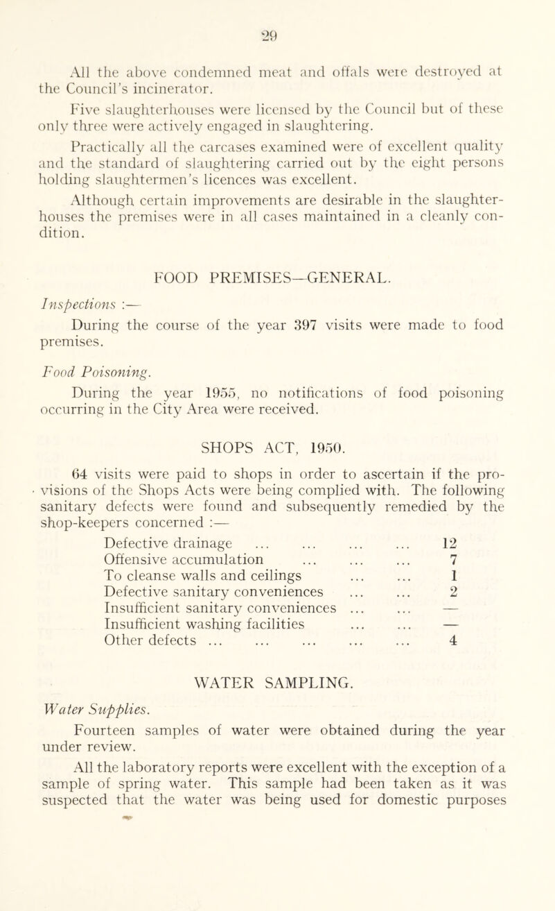 All the above condemned meat and olfals weie destroyed at the Conncil’s incinerator. Five slaughterhouses were licensed by the Council but of these only three were actively engaged in slaughtering. Practically all the carcases examined were of excellent quality and the standard of slaughtering carried out by the eight persons holding slaughtermen’s licences was excellent. Although certain improvements are desirable in the slaughter- houses the premises were in all cases maintained in a cleanly con- dition. FOOD PREMISES—GENERAL. Inspections :— During the course of the year 397 visits were made to food premises. Food Poisoning. During the year 1955, no notihcations of food poisoning occurring in the City Area were received. SHOPS ACT, 1950. 64 visits were paid to shops in order to ascertain if the pro- ' visions of the Shops Acts were being complied with. The following sanitary defects were found and subsequently remedied by the shop-keepers concerned ;— Defective drainage Offensive accumulation To cleanse walls and ceilings Defective sanitary conveniences Insufficient sanitary conveniences Insufficient washing facilities Other defects ... 12 7 1 2 4 WATER SAMPLING. Water Supplies. Eourteen samples of water were obtained during the year under review. All the laboratory reports were excellent with the exception of a sample of spring water. This sample had been taken as it was suspected that the water was being used for domestic purposes