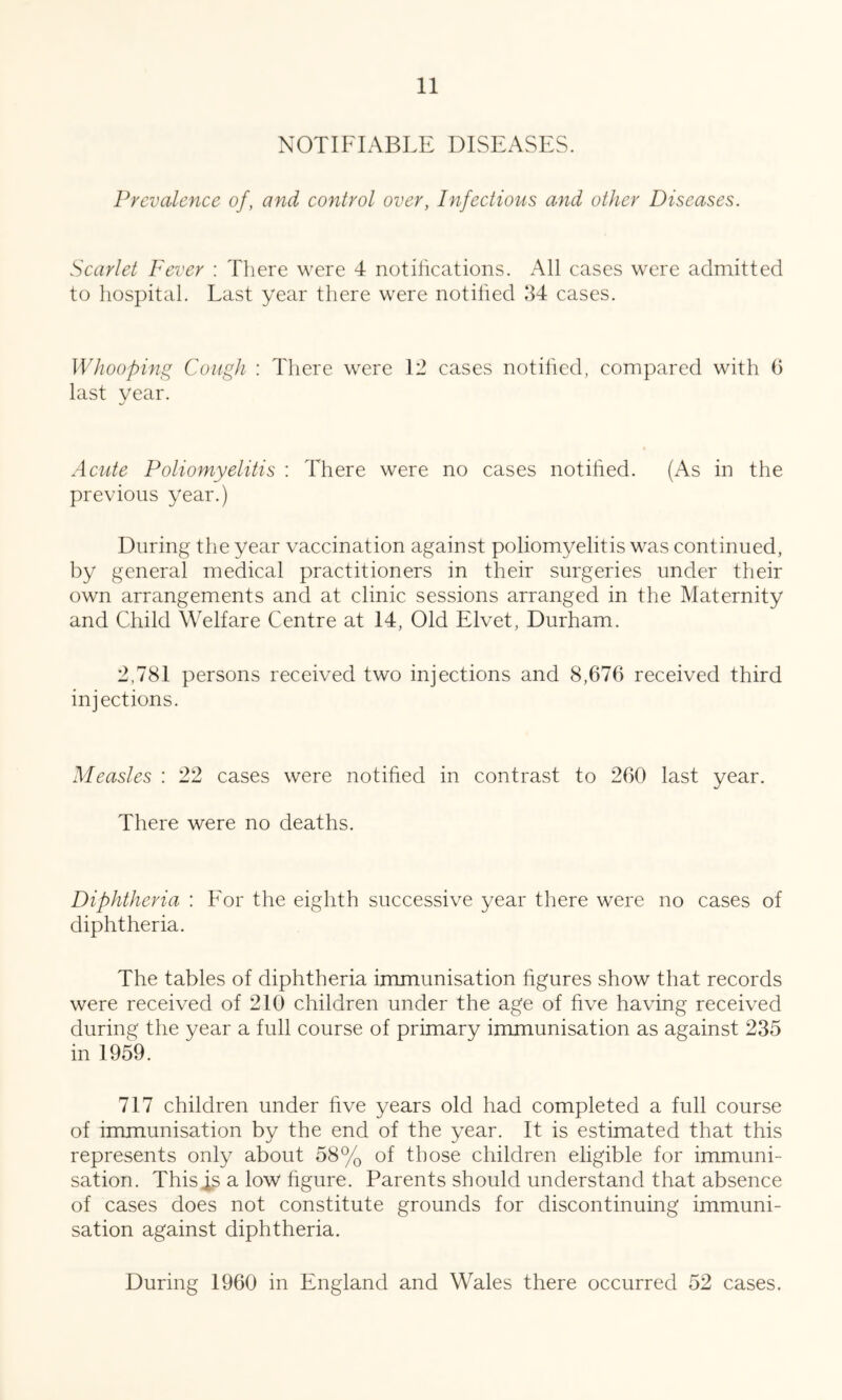 NOTIFIABLE DISEASES. Prevalence of, and control over, Infectious and other Diseases. Scarlet Fever ; There were 4 notilications. All cases were admitted to hospital. Last year there were notilied 34 cases. Whooping Cough : There were 12 cases notified, compared with 6 last year. Acute Poliomyelitis : There were no cases notilied. (As in the previous year.) During the year vaccination against poliomyelitis was continued, by general medical practitioners in their surgeries under their own arrangements and at clinic sessions arranged in the Maternity and Child Welfare Centre at 14, Old Elvet, Durham. 2,781 persons received two injections and 8,676 received third injections. Measles : 22 cases were notified in contrast to 260 last year. There were no deaths. Diphtheria : For the eighth successive year there were no cases of diphtheria. The tables of diphtheria immunisation figures show that records were received of 210 children under the age of five having received during the year a full course of primary immunisation as against 235 in 1959. 717 children under five years old had completed a full course of immunisation by the end of the year. It is estimated that this represents only about 58% of those children eligible for immuni- sation. Thisi.s a low figure. Parents should understand that absence of cases does not constitute grounds for discontinuing immuni- sation against diphtheria. During 1960 in England and Wales there occurred 52 cases.