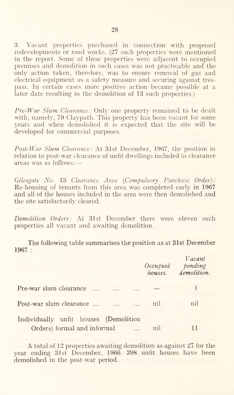 3. Vacant properties purchased in connection with proposed redevelopments or road works. (27 such properties were mentioned in the report. Some of these properties were adjacent to occupied premises and demolition in such cases was not practicable and the only action taken, therefore, was to ensure removal of gas and electrical equipment as a safety measure and securing against tres- pass. In certain cases more positive action became possible at a later date resulting in the demolition of 13 such properties.) Pre-War Shim Clearance: Only one property remained to be dealt with, namely, 79 Claypath. This property has been vacant for some years and when demolished it is expected that the site will be developed for commercial purposes. Post-War Slum Clearance: At 31st December, 19()7, the position in relation to post-war clearance of unht dwellings included in clearance areas was as follows:— Gilesgate No. 13 Clearance Area {Compulsory Purchase Order): Re-housing of tenants from this area was completed early in 1967 and all of the houses included in the area were then demolished and the site satisfactorily cleared. Demolition Orders: xVt 31st December there were eleven such properties ail vacant and awaiting demolition. The following table summarises the position as at 31st December 1967 : Vacant Occupied pending houses. demolition. Pre-war slum clearance ... ... ... — 1 Post-war slum clearance ... ... ... nil nil Individually unfit houses (Demolition Orders) formal and infonnal ... nil 11 A total of 12 properties awaiting demolition as against 27 for the year ending 31st December, 1966. 398 unht houses have been demolished in the post-war period.