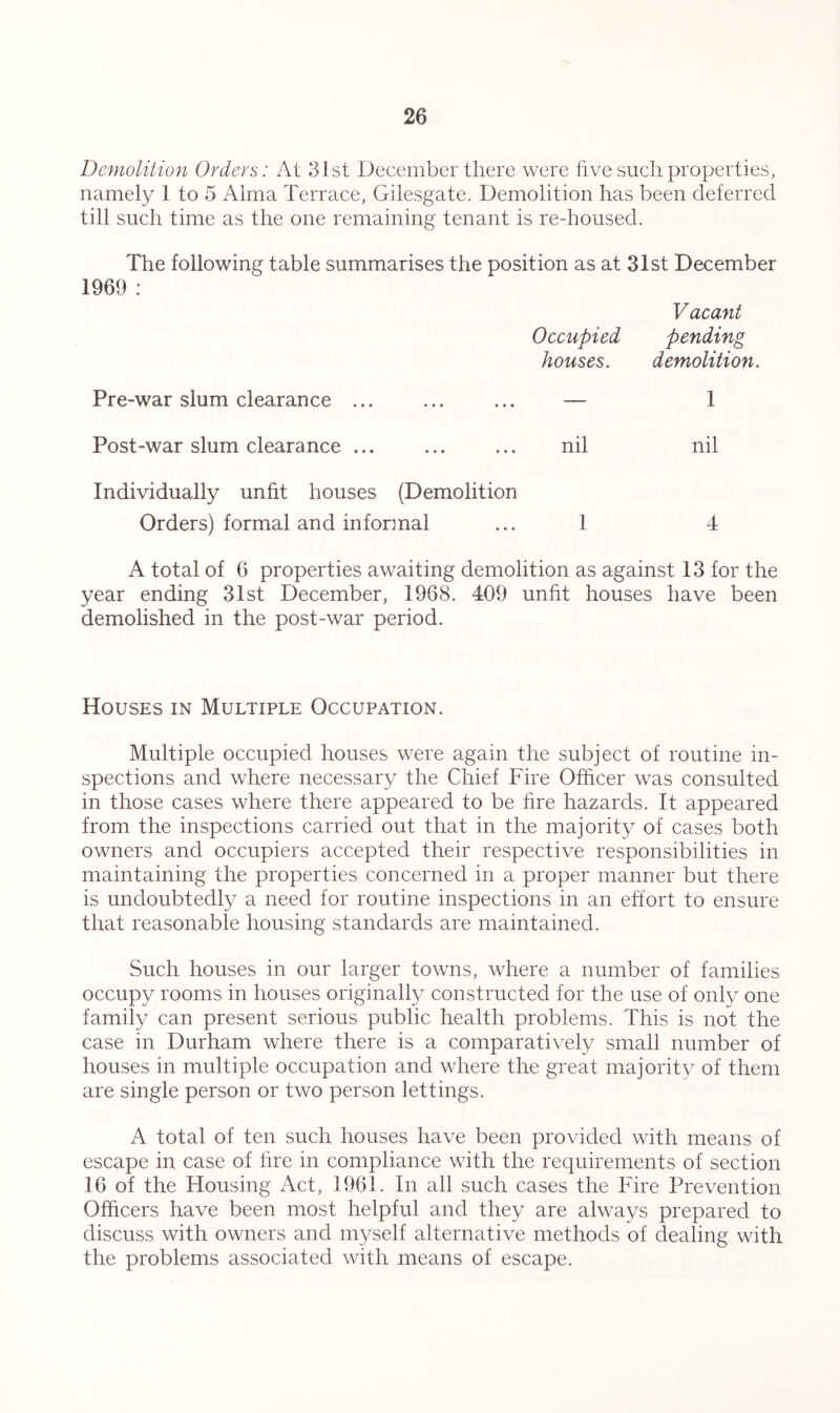 Demolition Orders: At 31st December there were five such properties, namely 1 to 5 Alma Terrace, Giiesgate. Demolition has been deferred till such time as the one remaining tenant is re-housed. The following table summarises the position as at 31st December 1969 : Vacant Occupied pending houses. demolition. Pre-war slum clearance ... ... ... — 1 Post-war slum clearance ... ... ... nil nil Individually unfit houses (Demolition Orders) formal and in for] nal ... 1 4 A total of 6 properties awaiting demolition as against 13 for the year ending 31st December, 1968. 409 unfit houses have been demolished in the post-war period. Houses in Multiple Occupation. Multiple occupied houses were again the subject of routine in- spections and where necessary the Chief Fire Officer was consulted in those cases where there appeared to be fire hazards. It appeared from the inspections carried out that in the majority of cases both owners and occupiers accepted their respective responsibilities in maintaining the properties concerned in a proper manner but there is undoubtedly a need for routine inspections in an effort to ensure that reasonable housing standards are maintained. Such houses in our larger towns, where a number of families occupy rooms in houses originally constructed for the use of only one family can present serious public health problems. This is not the case in Durham where there is a comparative^ small number of houses in multiple occupation and where the great majority of them are single person or two person lettings. A total of ten such houses have been provided with means of escape in case of hre in compliance with the requirements of section 16 of the Housing Act, 1961. In all such cases the Fire Prevention Officers have been most helpful and they are always prepared to discuss with owners and myself alternative methods of dealing with the problems associated with means of escape.