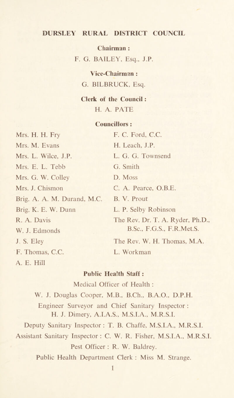 Chairman : F. G. BAILEY, Esq., J.P. Vice-Chairman : G. BILBRUCK, Esq. Clerk of the Council: H. A. PATE Councillors: Mrs. H. H. Fry Mrs. M. Evans Mrs. L. Wilce, J.P. Mrs. E. L. Tebb Mrs. G. W. Colley Mrs. J. Chismon Brig. A. A. M. Durand, M.C. Brig. K. E. W. Dunn R. A. Davis W. J. Edmonds J. S. Eley F. Thomas, C.C. A. E. Hill F. C. Ford, C.C. H. Leach, J.P. L. G. G. Townsend G. Smith D. Moss C. A. Pearce, O.B.E. B. V. Prout L. P. Selby Robinson The Rev. Dr. T. A. Ryder, Ph.D., B.Sc., F.G.S., F.R.Met.S. The Rev. W. H. Thomas, M.A. L. Workman Public Health Staff: Medical Officer of Health : W. J. Douglas Cooper, M.B., B.Ch., B.A.O., D.P.H. Engineer Surveyor and Chief Sanitary Inspector : H. J. Dimery, A.I.A.S., M.S.I.A., M.R.S.I. Deputy Sanitary Inspector : T. B. Chaffe, M.S.I.A., M.R.S.I. Assistant Sanitary Inspector : C. W. R. Fisher, M.S.I.A., M.R.S.I. Pest Officer : R. W. Baldrey. Public Health Department Clerk : Miss M. Strange.