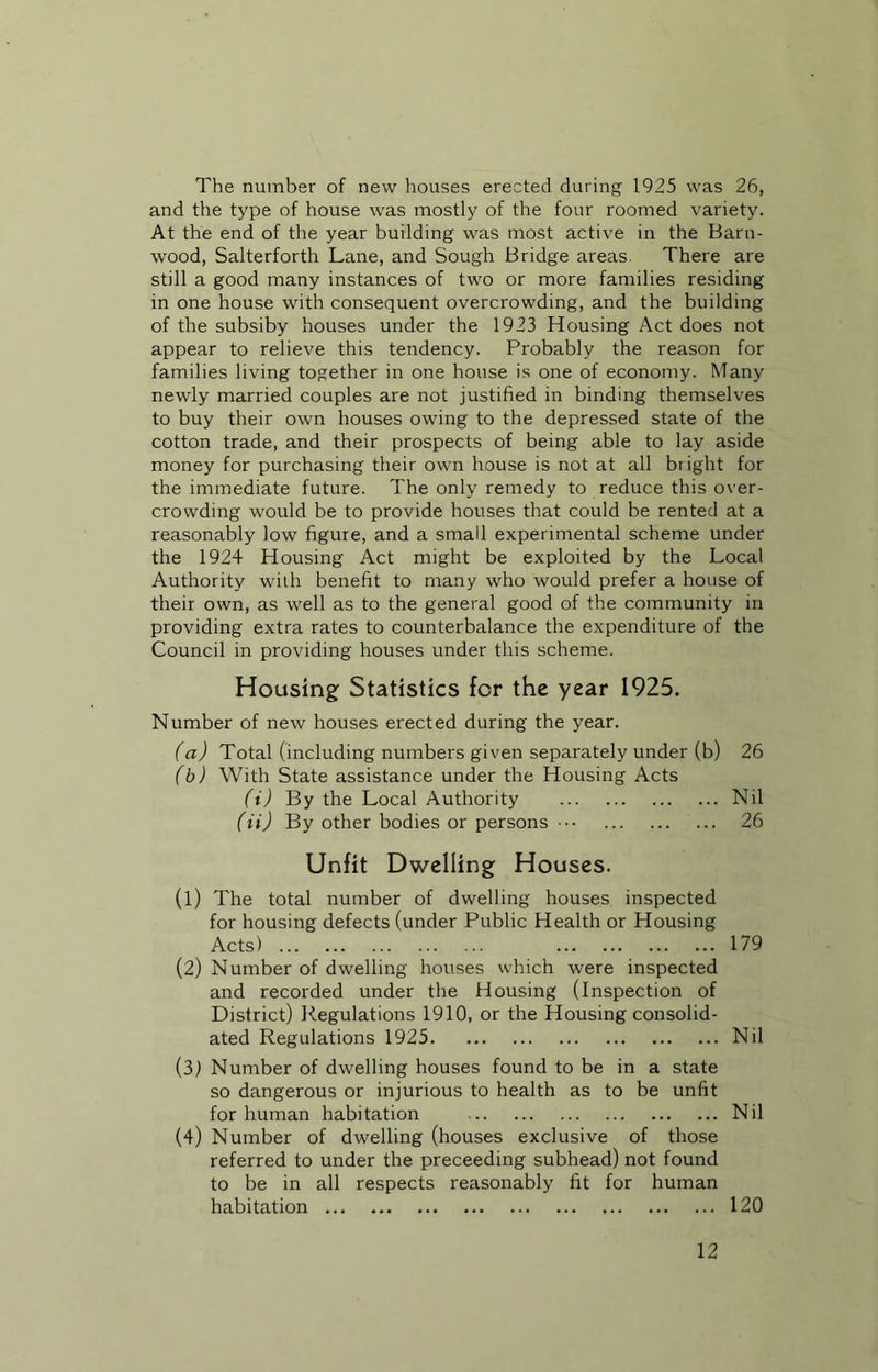 The number of new houses erected during 1925 was 26, and the type of house was mostly of the four roomed variety. At the end of the year building was most active in the Barn- wood, Salterforth Lane, and Sough Bridge areas. There are still a good many instances of two or more families residing in one house with consequent overcrowding, and the building of the subsiby houses under the 1923 Housing Act does not appear to relieve this tendency. Probably the reason for families living together in one house is one of economy. Many newly married couples are not justified in binding themselves to buy their own houses owing to the depressed state of the cotton trade, and their prospects of being able to lay aside money for purchasing their own house is not at all bright for the immediate future. The only remedy to reduce this over- crowding would be to provide houses that could be rented at a reasonably low figure, and a small experimental scheme under the 1924 Housing Act might be exploited by the Local Authority with benefit to many who would prefer a house of their own, as well as to the general good of the community in providing extra rates to counterbalance the expenditure of the Council in providing houses under this scheme. Housing Statistics for the year 1925. Number of new houses erected during the year. (a) Total (including numbers given separately under (b) 26 (b) With State assistance under the Housing Acts (i) By the Local Authority Nil (ii) By other bodies or persons 26 Unfit Dwelling Houses. (1) The total number of dwelling houses inspected for housing defects (under Public Health or Housing Acts) 179 (2) Number of dwelling houses which were inspected and recorded under the Housing (Inspection of District) Regulations 1910, or the Housing consolid- ated Regulations 1925 Nil (3) Number of dwelling houses found to be in a state so dangerous or injurious to health as to be unfit for human habitation Nil (4) Number of dwelling (houses exclusive of those referred to under the preceeding subhead) not found to be in all respects reasonably fit for human habitation 120