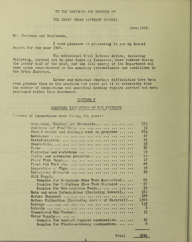 TO THE CHAIRFAN AMD JSMBERS OF THE SARBY URBAN DISTRICT COUNCIL June,1945. Mr. Chairman and Gentlemen, I have pleasure in pr^vsenting to you my Annual Report for the year 1944, The additional Civil Defence duties, including Billeting, carried out by your Sanit..ry Inspector, v/ere removed during the latter half of the year, and the full energy of the Department was once again concentrated on the sanitary circumstances and conditions in the Urban District. Labour and material shortage difficulties have been even greater than in the previous 'rar years yet it is noteworthy that the number of inspections and essential housing repairs carried out hav increased rather than decreased. SECTION F SANITARY Ii\rU-EG^TOM OF TUE riSTRICT j'.i'-mnry of inspections made during the yoar:- Nuisauecs, Housing and Re-visits... Bu tcher:j ;; r.d Food Shops * Choked drains and drainage v/ork in progress Ambulance ... Disinf cs tation Svacur.tion Farms Factories and v/orkshops Fiitliy and verminous promises Fr-iod Fish Shops First Aid Post etc Inspection oi' Pigs Infectious D'i Milk Supply Samples for Methylene Bluo Tost Accredited Samples for FU thy lone Blue Tost Uvigradod Samples for Tub.rculosis Tests Rats and mice Infestations (Including Sev/ers) Refuse Disposal Refuse Collection (Including Surv y of District)... Salvage Schools Transferod V/ar llorker-./ Water Supply .. Samples for bacteriological examination Samples for Plumbo-solvency examination. ... ... 522 31 263 14 16 35 92 59 4o 17 46 34 45 20 52 30 342 128 1906 135 8 33 10 8 Total