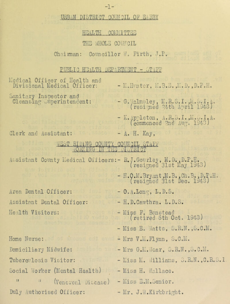 -1- URBAN DISTRICT OQUiniL Off B:u-tBY HSALTE OQLiaTTRE THE AHOI.R COUI'OIL Chaiman: Oouncillor Wo Firth, J.P Ileciical Officer of Health and Divisional Medical Officer: FUHLIO HHaLTH lEPlRTLIMT - GTAFF - MJirntcr, H.B.M. ,M.D* ,Dc?.H Sanitary Inspector and Gleansin,o: Snnerintendent: lerk and Assistemt: “ 0- e' /aliiisl ey , M»R. S. I. ,Li«S, I. a . ( r e s i pn e d B41 h A p r i 1 1940 J “ Ko Ap>leton, A.R.S.I. ,LIeu,I.A< ( coramGn c e d On d Aiip» 1940) - A. Ho Kay, WEST RIDING QQUNTY QQHHGIL .ST.il v^QRKING M THE AL.TRIGT ■,1 A' i' Assistant Gonnty Medical Oflioers:- R.J.Gonrley, M.D, ,D.P.E. , (resigned 31st May 1940) Area Dental Officer: Assistant Dental Officer: Health Visitors: Hone Nurse: Domiciliary Midwife: Tuberci'losis Visitor: Social Worker (Mental Health) f '' ■' (Venereal Disease) Duly Authorised Officer: - H.O.M.Brycint ,M,B« ,Gh.B. .D.P.Ho (resigned 31st Dec. 1940) - OoA.Long, L.D.S. - H.D.Gawthra. L.D.S. - Miss F. Benstead . (retired 5th Oct. 1940) - Miss Eo Watts, S.R.N.,S.G.M. “ Mrs V.M.Flynn, S.G.M. -Mrs G-.Mo‘./Gar, S.R.N. ,3.0.M. - Miss Mo ;/illians, S.RoN. ,0,R.S. 1 - Miss Ho Wallace. - Miss E.M.Senioro - Mr, J.W.Kirkbright.