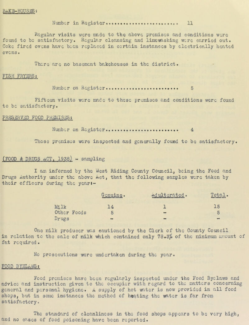 BixKS-HOUSES s Number in Ragistor 11 Regular visits were raCwdc to the above premisco and conditions were found to be satisfactory. Regular cleansing and limewashing were carried out. Coke fired ovens have been replaced in certain instances by electrically heated ovens. There are no basement bakehouses in the district. FISH FRYERS? Number on Register 5 Fifteen visits were mp.de to these premises and conditions were found to be sp.tisfactory. PRESERVED FOOD PREMISES? Number on Register........ 4 These premises were inspected and generally found to be satisfactory. (FOOD & DRUGS ^CT. 1958) - sampling I am informed by the Vi/est Riding County Council, being the Food o-nd Drugs Authority under the above Act, thp.t the following samples were taken by their officers during the year?- Genuine. i^dultcrated . Total. Milk 14 1 15 Other Foods 5-5 Drugs - - - One milk producer was cautioned by the Clerk of the County Council in relation to the sale of milk which contained only 78of the minimum amount of fp.t required. No prosecutions were undertaken during the year. FOOD BYELavVS t Food promises have been regularly inspected under the Food Byele,ws and advice P.nd instruction given to the occupier with regard to the matters concerning generp.l and personal hygiene. A supply of hot wo-ter is now provided in all food shops, but in some instances the method of heating the water is far from satisfactory. The stc.ndard of clcp.nliness in the food shops appeo-rs to be very high, and no cP.ses of food poisoning hp.ve been reported.
