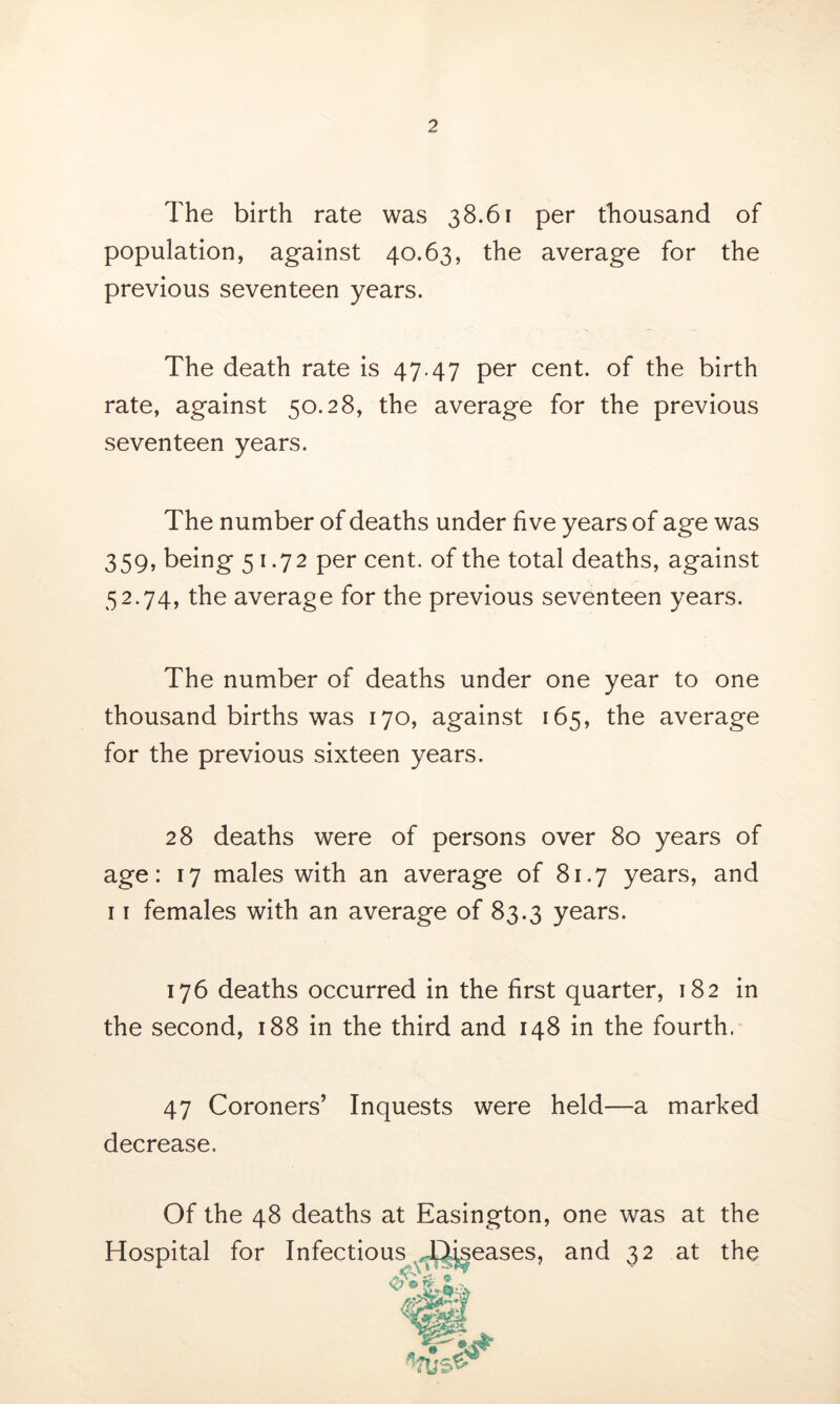 The birth rate was 38.61 per thousand of population, against 40.63, the average for the previous seventeen years. The death rate is 47.47 per cent, of the birth rate, against 50.28, the average for the previous seventeen years. The number of deaths under five years of age was 359, being 51.72 per cent, of the total deaths, against 52.74, the average for the previous seventeen years. The number of deaths under one year to one thousand births was 170, against 165, the average for the previous sixteen years. 28 deaths were of persons over 80 years of age: 17 males with an average of 81.7 years, and 11 females with an average of 83.3 years. 176 deaths occurred in the first quarter, 182 in the second, 188 in the third and 148 in the fourth. 47 Coroners’ Inquests were held—a marked decrease. Of the 48 deaths at Easington, one was at the Hospital for Infectious Diseases, and 32 at the -top