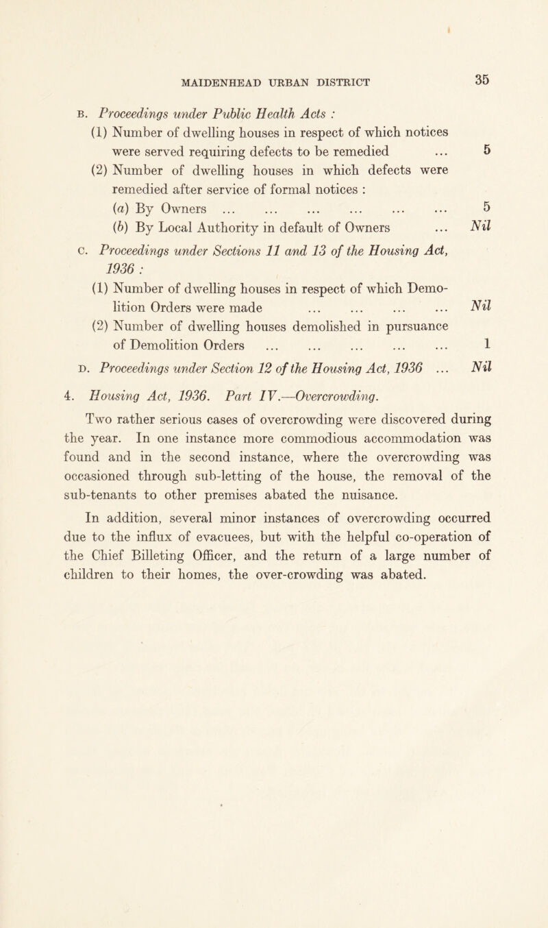 B. Proceedings under Public Health Acts : (1) Number of dwelling bouses in respect of which notices were served requiring defects to be remedied ... 5 (2) Number of dwelling houses in which defects were remedied after service of formal notices : (а) By Owners ... ... ... ... ... ... 5 (б) By Local Authority in default of Owners ... HU c. Proceedings under Sections 11 and 13 of the Housing Act, 1936 : (1) Number of dwelling houses in respect of which Demo- lition Orders were made ... ... ... ... HU (2) Number of dwelling houses demolished in pursuance of Demolition Orders ... ... ... ... ... 1 D. Proceedings under Section 12 of the Housing Act, 1936 ... HU 4. Housing Act, 1936. Part IV.—Overcrowding. Two rather serious cases of overcrowding were discovered during the year. In one instance more commodious accommodation was found and in the second instance, where the overcrowding was occasioned through sub-letting of the house, the removal of the sub-tenants to other premises abated the nuisance. In addition, several minor instances of overcrowding occurred due to the influx of evacuees, but with the helpful co-operation of the Chief Billeting Officer, and the return of a large number of children to their homes, the over-crowding was abated.