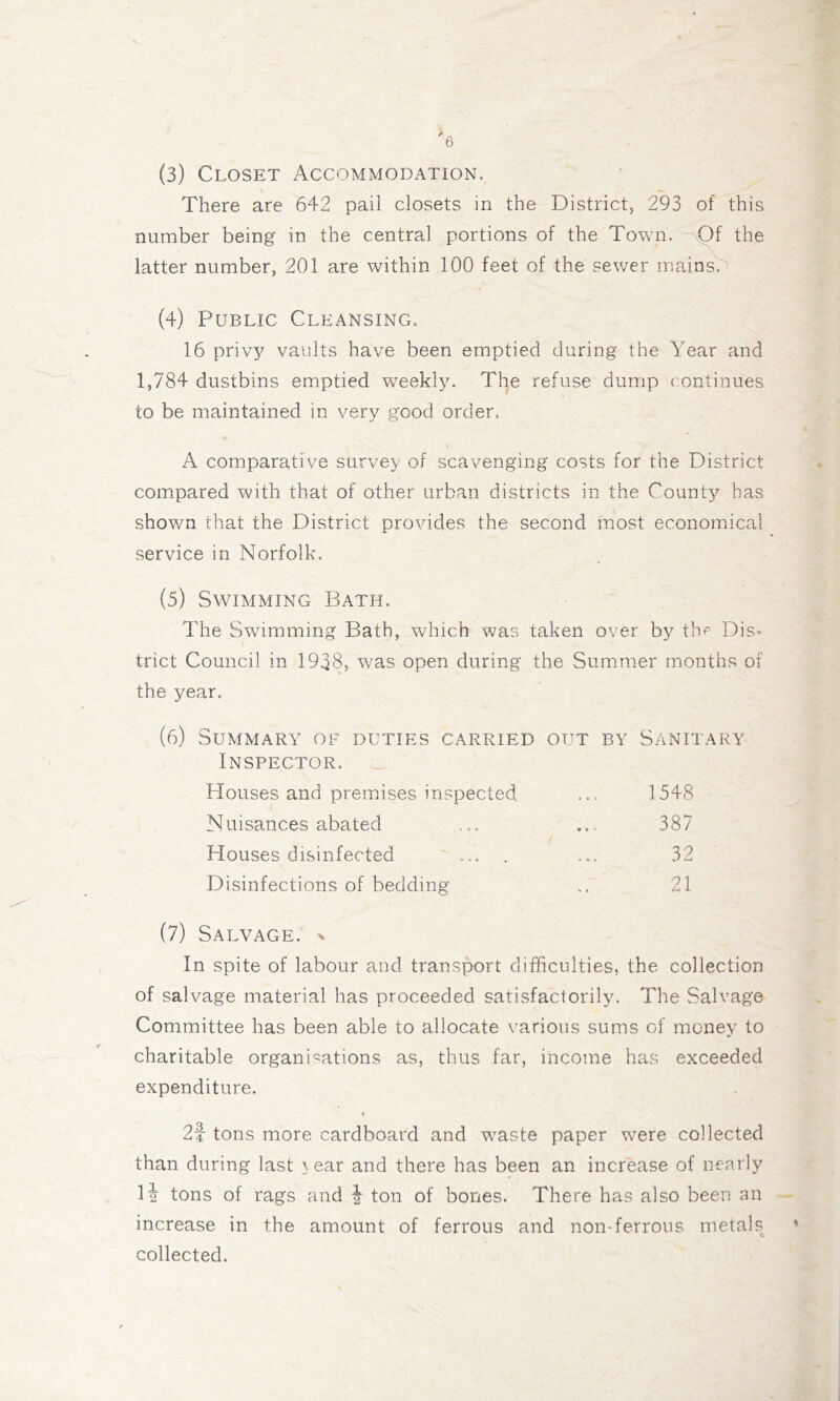 There are 642 pail closets in the District, 293 of this number being in the central portions of the Town, -^v^f the latter number, 201 are within 100 feet of the sewer mains. (4) Public Cleansing. 16 privy vaults have been emptied during the Year and 1,784 dustbins emptied weekly. The refuse dump c ontinues to be maintained in very good order, A comparative survey of scavenging costs for the District compared with that of other urban districts in the County has shown that the District provides the second most economical service in Norfolk. (5) Swimming Bath. The Swimming Bath, which was taken over by tb^ Dis- trict Council in 1938, was open during the Summer months of the year. (6) Summary of duties carried out by Sanitary Inspector, Houses and premises inspected ... 1548 Nuisances abated ... ... 387 Houses disinfected .... ... 32 Disinfections of bedding .. 21 (7) Salvage, v In spite of labour and transport difficulties, the collection of salvage material has proceeded satisfactorily. The Salvage Committee has been able to allocate various sums of money to charitable organi'^ations as, thus far, income has exceeded expenditure. 4 2i tons more cardboard and waste paper were collected than during last \ ear and there has been an increase of nearly li tons of rags and J ton of bones. There has also been an increase in the amount of ferrous and non-ferrous metals collected.