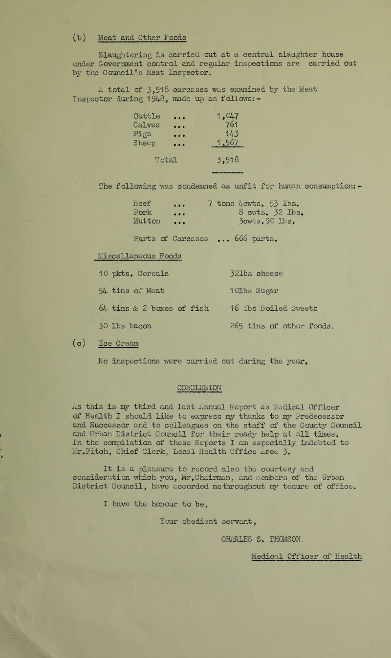 (Td) Meat and Other Foods Slaughtering is carried out at a central slaughter house under Government control and regular inspections are carried out by the Council’s Meat Inspector. A total of 3,518 carcases was examined by the Meat Inspector during 1948, made up as follows:- Cattle ,,, 1,047 Calves 761 Pigs 143 Sheep ,,, ^567 T otal 3,518 The following was condemned as unfit for human consumption;- (c) Beef Pork Mutton • * • • • • 7 tons 4cwts. 53 lbs. 8 owts. 32 lbs, 3cv/ts.90 lbs. Parts of Carcases ... 666 parts. Miscellaneous Poods 10 pkts. Cereals 54 tins of Meat 64 tins & 2 boxes of fish 30 lbs bacon Ice Cream 321bs cheese 1 01bs Sugar 16 lbs Boiled Sweets 265 tins of other foods. No inspections were carried out during the year. CONCLUSION As this is my third and last Armual Report as Medical Officer of Health I should like to express my thanks to my Predecessor and Successor and to colleagues on the staff of the County Council and Urban District Council for their ready help at all times. In the compilation of these Reports I am especially indebted to Mr,Pitch, Chief Clerk, Local Health Office Area 3. It is a pleasure to record also the courtesj/- and consideration which ^^-qu, Mr,Chairman, and Members of the Urban District Council, have accorded me throughout my tenure of office. I have the honour to be, Your obedient servant, GffimLES S. THOMSON,. Medical Officer of Health