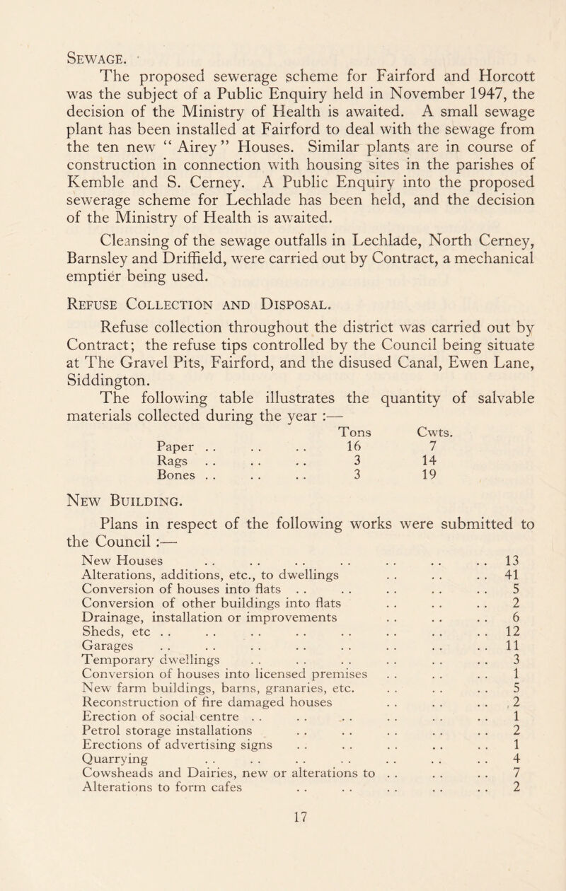 Sewage. • The proposed sewerage scheme for Fairford and Horcott was the subject of a Public Enquiry held in November 1947, the decision of the Ministry of Health is awaited. A small sewage plant has been installed at Fairford to deal with the sewage from the ten new “ Airey” Houses. Similar plants are in course of construction in connection with housing sites in the parishes of Kemble and S. Cerney. A Public Enquiry into the proposed sewerage scheme for Lechlade has been held, and the decision of the Ministry of Health is awaited. Cleansing of the sewage outfalls in Lechlade, North Cerney, Barnsley and Driffield, were carried out by Contract, a mechanical emptier being used. Refuse Collection and Disposal. Refuse collection throughout the district was carried out by Contract; the refuse tips controlled by the Council being situate at The Gravel Pits, Fairford, and the disused Canal, Ewen Lane, Siddington. The following table illustrates the quantity of salvable materials collected during the year :— Tons Cwts. Paper . . . . . . 16 7 Rags . . . . . . 3 14 Bones . . . . . . 3 19 New Building. Plans in respect of the following works were submitted to the Council :— New Houses . . . . . . . . . . . . . . 13 Alterations, additions, etc., to dwellings . . . . . . 41 Conversion of houses into flats . . . . . . . . . . 5 Conversion of other buildings into flats . . . . . . 2 Drainage, installation or improvements . . . . . . 6 Sheds, etc . . . . . . . . . . . . . . . . 12 Garages . . . . . . . . . . . . . . . . 11 Temporary dwellings . . . . . . . . . . . . 3 Conversion of houses into licensed premises . . . . . . 1 New farm buildings, barns, granaries, etc. . . . . . . 5 Reconstruction of fire damaged houses . . . . . . 2 Erection of social centre . . . . . . . . . . . . 1 Petrol storage installations . . . . . . . . . . 2 Erections of advertising signs . . . . . . . . . . 1 Quarrying . . . . . . . . . . . . . . 4 Cowsheads and Dairies, new or alterations to . . . . . . 7 Alterations to form cafes . . . . . . . . . . 2