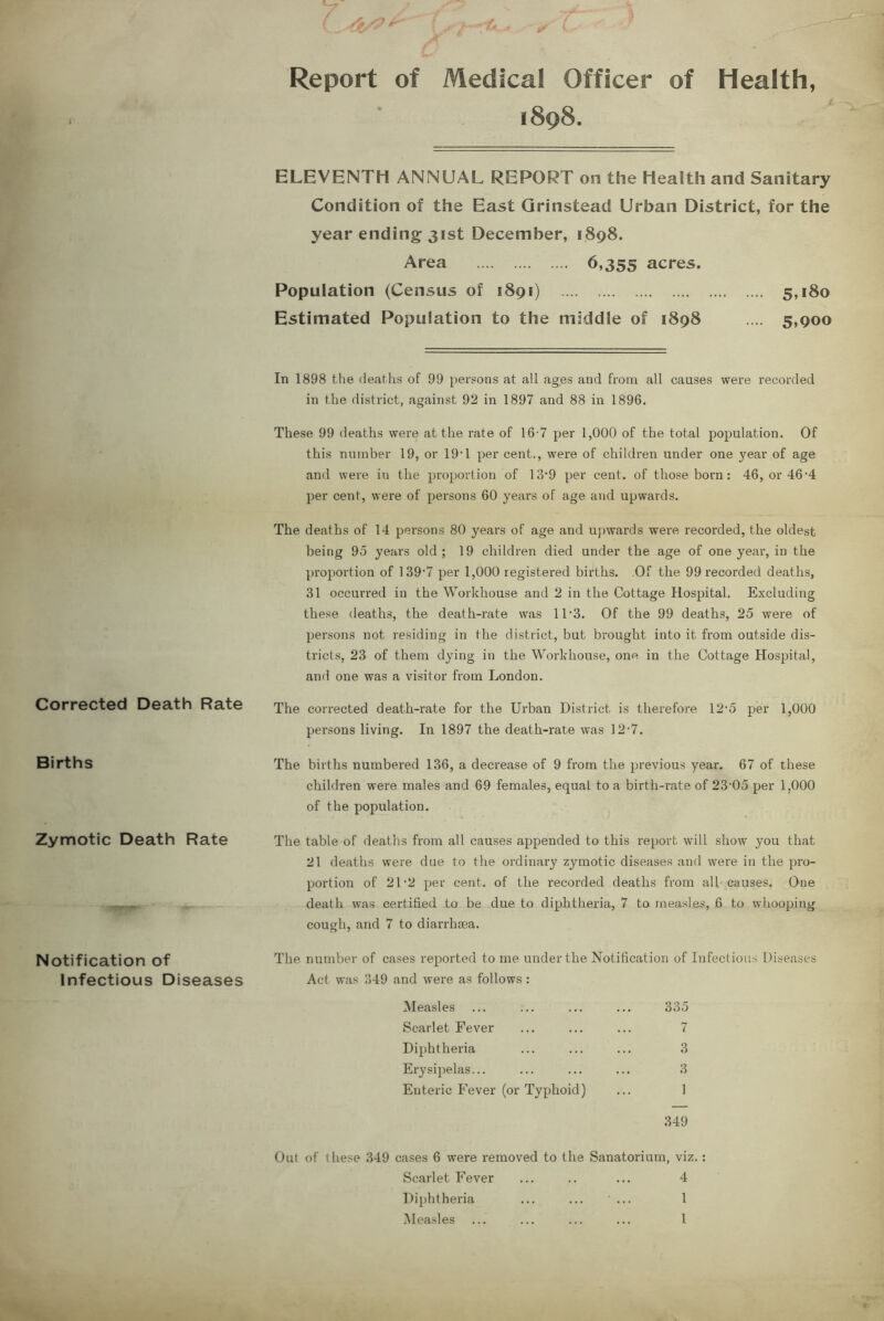 Report of Medical Officer of Health, 1898. ELEVENTH ANNUAL REPORT on the Health and Sanitary Condition of the East Qrinstead Urban District, for the year ending 31st December, 1898. Area 6,355 acres. Population (Census of 1891) 5,180 Estimated Population to the middle of 1898 .... 5,900 In 1898 the deaths of 99 persons at all ages and from all causes were recorded in the district, against 92 in 1897 and 88 in 1896. These 99 deaths were at the rate of 16-7 per 1,000 of the total population. Of this number 19, or 19'1 per cent., were of children under one year of age and were in the proportion of ]3‘9 per cent, of those born: 46, or 46'4 per cent, were of persons 60 years of age and upwards. The deaths of 14 persons 80 years of age and upwards were recorded, the oldest being 95 years old; 19 children died under the age of one year, in the proportion of 139'7 per 1,000 registered births. Of the 99 recorded deaths, 31 occurred in the Workhouse and 2 in the Cottage Hospital. Excluding these deaths, the death-rate was 11‘3. Of the 99 deaths, 25 were of persons not residing in the district, but brought into it from outside dis- tricts, 23 of them dying in the Workhouse, one in the Cottage Hospital, and one was a visitor from London. Correctod Doath Rate Xhe corrected death-rate for the Urban District is therefore 12‘5 per 1,000 persons living. In 1897 the death-rate was 12-7. Births The births numbered 136, a decrease of 9 from the previous year. 67 of these children were males and 69 females, equal to a birth-rate of 23'05 per 1,000 of the population. Zymotic Death Rate The table of deaths from all causes appended to this report will show you that 21 deaths were due to the ordinary zymotic diseases and were in the pro- portion of 21'2 per cent, of the recorded deaths from all causes. One - death was certified to be due to diphtheria, 7 to measles, 6 to whooping cough, and 7 to diarrhsea. Notification of number of cases reported to me under the Notification of Infections Diseases Infectious Diseases Act was 349 and were as follows : Measles ... ... ... ... 335 Scarlet Fever ... ... ... 7 Diphtheria ... ... ... 3 Erysipelas... ... ... ... 3 Enteric Fever (or Typhoid) ... 1 349 Out of these 349 cases 6 were removed to the Sanatorium, viz.: Scarlet Fever ... .. ... 4 Diphtheria ... ... ... 1