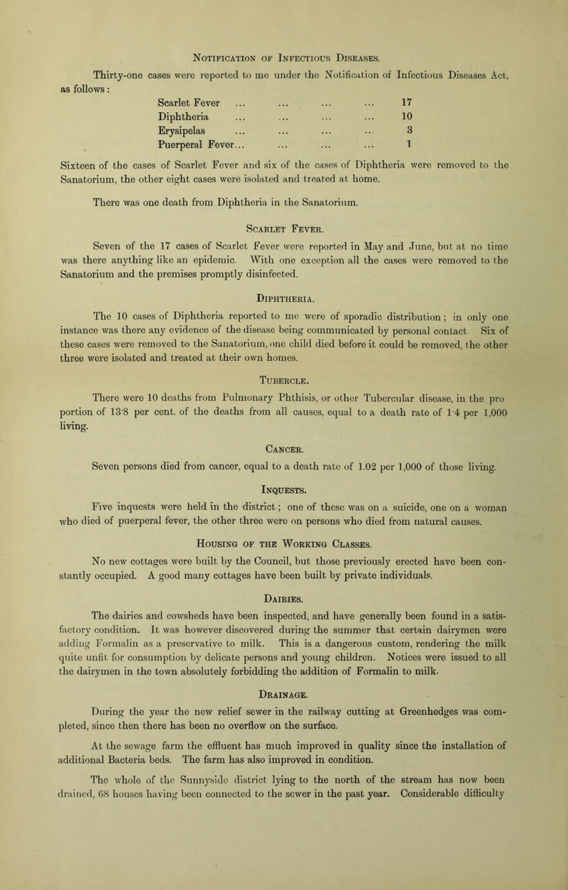 Notification of Infectious Diseases. Thirty-one cases were reported to me under the Notification of Infectious Diseases Act, as follows: Scarlet Fever ... ... ... ... 17 Diphtheria ... ... ... ... 10 Erysipelas ... ... ... ... 3 Puerperal Fever... ... ... ... 1 Sixteen of the cases of Scarlet Fever and six of the cases of Diphtheria were removed to the Sanatorium, the other eight cases were isolated and treated at home. There was one death from Diphtheria in the Sanatorium. Scarlet Fever. Seven of the 17 cases of Scarlet Fever were reported in May and June, but at no time was there anything like an epidemic. With one exception all the cases were removed to the Sanatorium and the premises promptly disinfected. Diphtheria. The 10 cases of Diphtheria reported to me were of sporadic distribution; in only one instance was there any evidence of the disease being communicated by personal contact. Six of these cases were removed to the Sanatorium, one child died before it could be removed, the other three were isolated and treated at their own homes. Tubercle. There were 10 deaths from Pulmonary Phthisis, or other Tubercular disease, in the pro portion of 13‘8 per cent, of the deaths from all causes, equal to a death rate of 1-4 per 1,000 living. Cancer. Seven persons died from cancer, equal to a death rate of 1.02 per 1,000 of those living. Inquests. Five inquests were held in the district; one of these was on a suicide, one on a woman who died of puerperal fever, the other three were on persons who died from natural causes. Housing of the Working Classes. No new cottages were built by the Council, but those previously erected have been con- stantly occupied. A good many cottages have been built by private individuals. Dairies. The dairies and cowsheds have been inspected, and have generally been found in a satis- factory condition. It was however discovered during the summer that certain dairymen were adding Formalin as a preservative to milk. This is a dangerous custom, rendering the milk quite unfit for consumption by delicate persons and young children. Notices were issued to all the dairymen in the town absolutely forbidding the addition of Formalin to milk. Drainage. During the year the new relief sewer in the railway cutting at Greenhedges was com- pleted, since then there has been no overflow on the surface. At the sewage farm the effluent has much improved in quality since the installation of additional Bacteria beds. The farm has also improved in condition. The whole of the Sunnysidc district lying to the north of the stream has now been drained, 08 houses having been connected to the sewer in the past year. Considerable difficulty