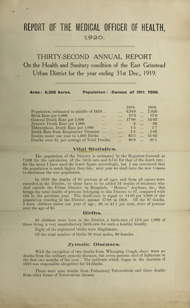 REPORT OF THE MEDICAL OFFICER OF HEALTH, 1020. THIRTY-SECOND ANNUAL REPORT On the Health and Sanitary condition of the East Grinstead Urban District for the year ending 31st Dec., 1919. Area : 6,355 Acres. Population : (Census of 1911) 7090. 1918. 1919. Population, estimated to middle of 1919... ... 6,910 . . 7,026 Birth Rate per 1,000 13-3 . 13-9 General Death Rate per 1,000 ... 17 08 . . 1403 Zymotic Death Rate per 1,000 •4 . •29 Tuberculosis, Death Rate per 1,000 1’5 1-7 Death Rate from Respiratory Diseases ... 11 . . 103 Deaths under one year to 1,000 Births ... 63-5 . . .5102 Deaths over 6.5, per centage of Total Dearths ... 40-9 . 411 Vital Statistics. The population of the District is estimated by the Eegistrar-General as 7,026 for the calculation of the birth rate and 6,74) for that of the death rate ; for the latter I have used the lower figure accordingly, but I am convinced that the population is much higher than this ; next year we shall have the new Census to determine the true population. In 1919 the deaths of 63 persons at all ages and from all causes were recorded in the District, to these have to be added 34 deaths of residents who died outside the Urban District, in Hospitals, “ Homes,” Asylums, &c., this brings the total deaths of persons belonging to this District to 97, compared with 110 in the previous year. The death-rate is equal to 14 03 per 1,000 of the population residing in the District, against 17'08 in 1918. Of the 97 deaths, 5 were children under one year of age; 40, or 41T per cent., were of persons over the age of 65. Births. 98 children were born in the District, a birth-rate of 13'9 per 1,000 of those living, a very unsatisfactory birth-rate for such a healthy locality. Eight of the registered births were illegitimate. Of the total number of births 38 were males, 60 females. Zymotic Diseases. With the exception of two deaths from Whooping Cough, there were no deaths from the ordinary zymotic diseases, but seven persons died of Influenza in the first two months of the year. The epidemic which began in the Autumn of 1918 was responsible altogether for 24 deaths. There were nine deaths from Pulmonary Tuberculosis and three deaths from other forms of Tuberculous disease.