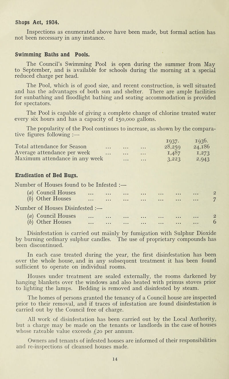Shops Act, 1934. Inspections as enumerated above have been made, but formal action has not been necessary in any instance. Swimming Baths and Pools. The Council’s Swimming Pool is open during the summer from May to September, and is available for schools during the morning at a special reduced charge per head. The Pool, which is of good size, and recent construction, is well situated and has the advantages of both sun and shelter. There are ample facilities for sunbathing and floodlight bathing and seating accommodation is provided for spectators. The Pool is capable of giving a complete change of chlorine treated water every six hours and has a capacity of 150,000 gallons. The popularity of the Pool continues to increase, as shown by the compara- tive figures following ;— 1937. 1936. Total attendance for Season ... ... ... 28,259 24,186 Average attendance per week ... ... ... 1487 1,273 Maximum attendance in any week ... ... 3,223 2,943 Eradication of Bed Bugs. Number of Houses found to be Infested :— (a) Council Houses (b) Other Houses Number of Houses Disinfested :— (a) Council Houses (b) Other Houses 2 7 2 6 Disinfestation is carried out mainly by fumigation with Sulphur Dioxide by burning ordinary sulphur candles. The use of proprietary compounds has been discontinued. In each case treated during the year, the first disinfestation has been over the whole house, and in any subsequent treatment it has been found sufficient to operate on individual rooms. Houses under treatment are sealed externally, the rooms darkened by hanging blankets over the windows and also heated with primus stoves prior to lighting the lamps. Bedding is removed and disinfested by steam. The homes of persons granted the tenancy of a Council house are inspected prior to their removal, and if traces of infestation are found disinfestation is carried out by the Council free of charge. All work of disinfestation has been carried out by the Local Authority, but a charge may be made on the tenants or landlords in the case of houses whose rateable value exceeds £20 per annum. Owners and tenants of infested houses are informed of their responsibilities and re-inspections of cleansed houses made.