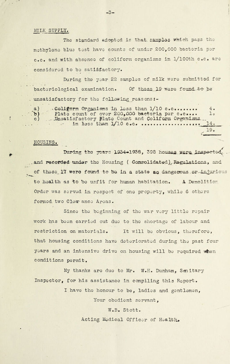 MILK SUPPLY. The standard adopted is 'that, £_ampld3 which pass the methylene blue test have counts of under 200,000 bacteria per c.c. and with absence of coliform organisms in 1/lOOth c.c. are considered to be satisfactory. During the year 22 samples of milk were submitted for bacteriological examination. Of the-ao,. 19 ■w-ere found-bo- be , unsatisfactory for the following reasons a) -.Coliform Organisms in loss than 1/10 c.c*....... 4. . M Plate count of over 200,000 bacteria per c*c..«. 1© c) .....Unsatisfactory plate Count and Coliform Organisms... . . in less than l/lO c*c. 14. 19. HOUSING. /' During the years 1934*1938, 398 houses _W£ra inapected^- . and reco**d©d tmdar the Housing ( Consolidated),. Regulations., and of those_ 1*7 were found to bo. in a state ao dangerous ..or.-Injiarious to health as to bo unfit for human habitation. A Demolition Order was served in respect of one property, while 6 others formed, two Clea? anco Areas. 4 Since the beginning of tho war very little repair work has boon carried out duo to the shortage of labour and restriction on materials. It will be obvious, therefore, that housing conditions have deteriorated during the past four years and an intensive drive on housing will be required wtien conditions permit. My thanks are duo to Mr. W.H. Dunham, Senitary Inspector, for his assistance in compiling this Report. I have tho honour to be, ladies and gentlemen, Your obedient servant, W.B. Stott. Acting Medical Officer of Health#