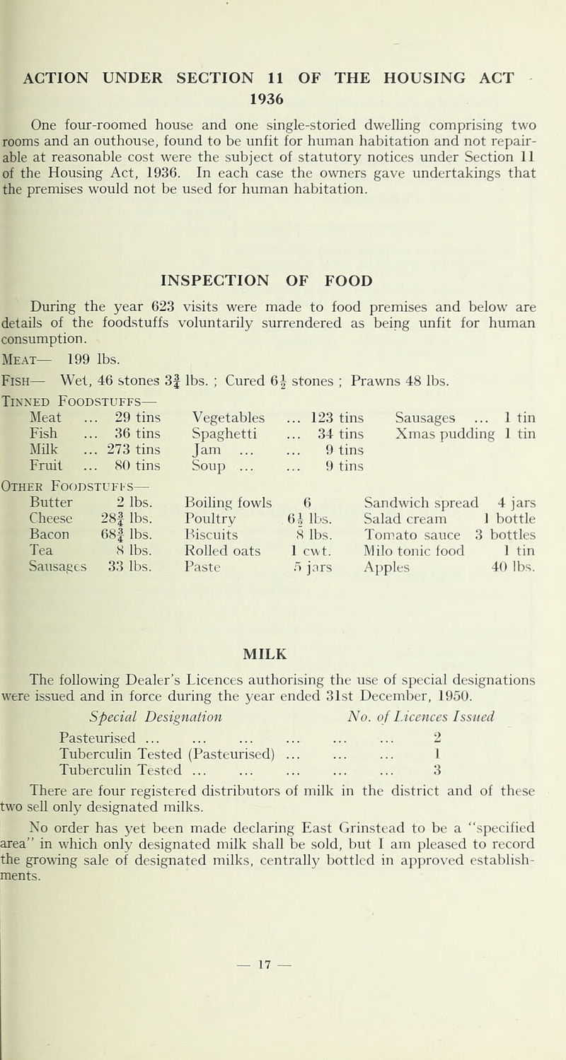 ACTION UNDER SECTION 11 OF THE HOUSING ACT 1936 One four-roomed house and one single-storied dwelling comprising two rooms and an outhouse, found to be unfit for human habitation and not repair- able at reasonable cost were the subject of statutory notices under Section 11 of the Housing Act, 1936. In each case the owners gave undertakings that the premises would not be used for human habitation. INSPECTION OF FOOD During the year 623 visits were made to food premises and below are details of the foodstuffs voluntarily surrendered as being unfit for human consumption. Meat— 199 lbs. Fish— Wet, 46 stones 3f lbs. ; Cured Tinned Foodstuffs— Meat 29 tins Vegetables Fish . 36 tins Spaghetti Milk .. . 273 tins Jam ... Fruit 80 tins Soup ... Other Foodstuffs— Butter 2 lbs. Boiling fowls Cheese 28f lbs. Poultry Bacon 68f lbs. Biscuits Tea 8 lbs. Rolled oats Sausages 33 lbs. Paste stones ; Prawns 48 lbs. ... 123 tins Sausages ... 1 tin ... 34 tins Xmas pudding 1 tin 9 tins 9 tins 6 Sandwich spread 4 jars 6i lbs. Salad cream 1 bottle 8 lbs. Tomato sauce 3 bottles 1 cwt. Milo tonic food 1 tin 5 jars Apples 40 lbs. MILK The following Dealer’s Licences authorising the use of special designations were issued and in force during the year ended 31st December, 1950. Special Designation No. o f Licences Issued Pasteurised ... 2 Tuberculin Tested (Pasteuiised) ... 1 Tuberculin Tested ... 3 There are four registered distributors of milk in the district and of these two seU only designated milks. No order has j^et been made declaring East Grinstead to be a “specified area’’ in which only designated milk shall be sold, but I am pleased to record the growing sale of designated milks, centrally bottled in approved establish- ments.