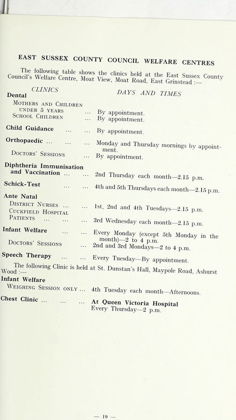 EAST SUSSEX COUNTY COUNCIL WELFARE CENTRES CounS^s vLV m5. Dental CLINICS DAYS AND TIMES xMothers and Children UNDER 5 YEARS School Children Child Guidance By appointment. By appointment. By appointment. Orthopaedic ... Doctors’ Sessions ^meiS Thursday mornings by appoint- By appointment. Diphtheria Immunisation and Vaccination Schick-Test Ante Natal 2nd Thursday each month—2.15 p.m. 4th and 5th Thursdays each month—2.15 p.m. District Nurses ... CucKFiELD Hospital Patients Infant Welfare Doctors’ Sessions Speech Therapy The following Clinic Wood 1st, 2nd and 4th Tue.sdays—2.15 p.m. ... 3rd Wednesday each month—2.15 p.m. ... Every Monday (except 5th Monday in the month)—2 to 4 p.m. ... 2nd and 3rd Mondays—2 to 4 p.m. ... Every Tuesday—By appointment, is held at St. Dunstan’s Hall, Maypole Road, Ashurst Infant Welfare Weighing Session only ... Chest Clinic ... 4th Tuesday each month—Afternoons. At Queen Victoria Hospital Every Thursday—2 p.m.