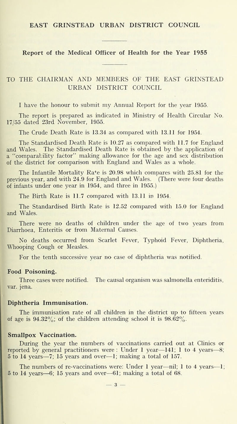 EAST GRINSTEAD URBAN DISTRICT COUNCIL Report of the Medical Officer of Health for the Year 1955 TO THE CHAIRMAN AND MEMBERS OE THE EAST GRINSTEAD URBAN DISTRICT COUNCIL I have the honour to submit my Annual Report for the year 1955. The report is prepared as indicated in Ministry of Health Circular No. 17/55 dated 23rd November, 1955. The Crude Death Rate is 13.34 as compared with 13.11 for 1954. The Standardised Death Rate is 10.27 as compared with 11.7 for England and Wales. The Standardised Death Rate is obtained by the apphcation of a “comparability factor” making allowance for the age and sex distribution of the district for comparison with England and Wales as a whole. The Infantile Mortahty Ra*e is 20.98 which compares with 25.81 for the previous year, and with 24.9 for England and Wales. (There were four deaths of infants under one year in 1954, and three in 1955.) The Birth Rate is 11.7 compared with 13.11 in 1954. The Standardised Birth Rate is 12.52 compared with 15.0 for England and Wales. There were no deaths of children under the age of two years from Diarrhoea, Enteritis or from Maternal Causes. No deaths occurred from Scarlet Fever, Typhoid Fever, Diphtheria, Whooping Cough or Measles. For the tenth successive year no case of diphtheria was notified. Food Poisoning. Three cases were notified. The causal organism was salmonella enteriditis, var. jena. Diphtheria Immunisation. The immunisation rate of all children in the district up to fifteen years of age is 94.32%; of the children attending school it is 98.62%. Smallpox Vaccination. During the year the numbers of vaccinations carried out at Clinics or reported by general practitioners were : Under 1 year—141; 1 to 4 years—8; 5 to 14 years—7; 15 years and over—1; making a total of 157. The numbers of re-vaccinations were: Under 1 year—nil; 1 to 4 years—1; 5 to 14 years—6; 15 years and over—61; making a total of 68.