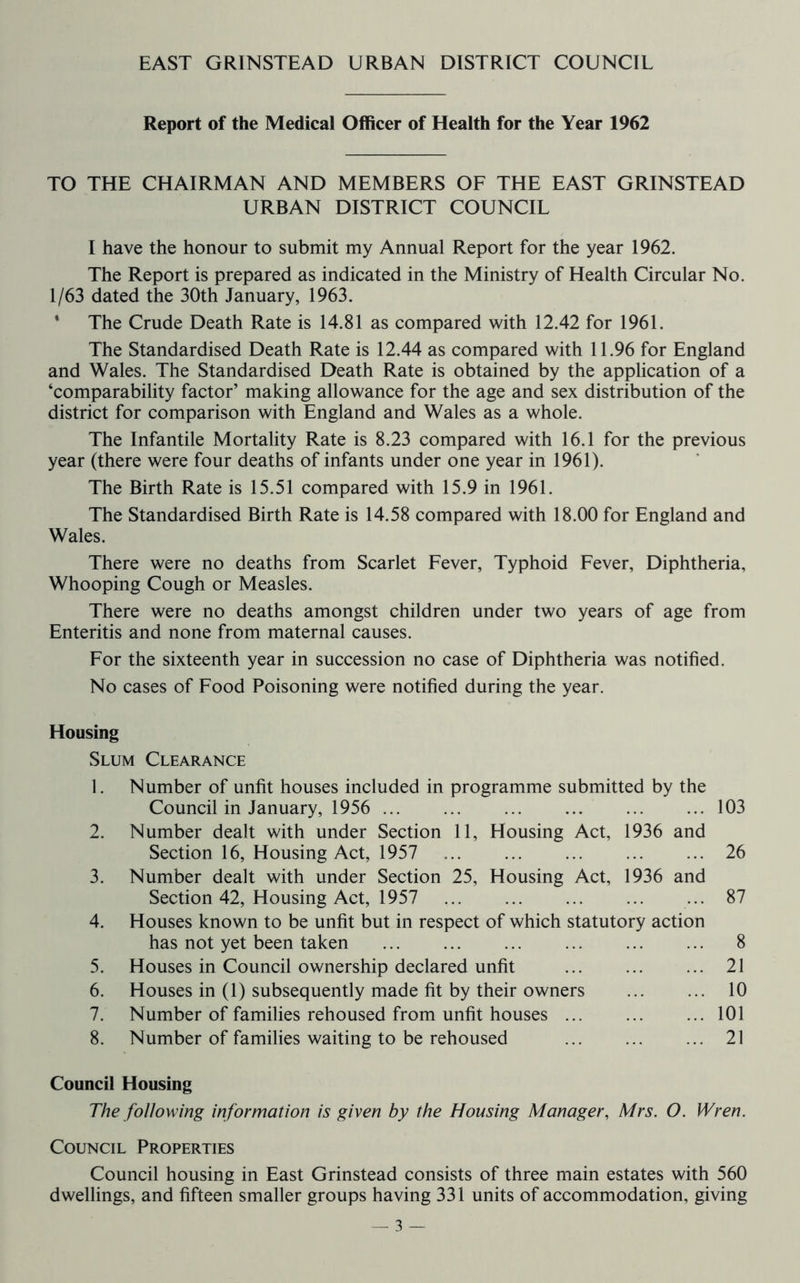 EAST GRINSTEAD URBAN DISTRICT COUNCIL Report of the Medical Officer of Health for the Year 1962 TO THE CHAIRMAN AND MEMBERS OF THE EAST GRINSTEAD URBAN DISTRICT COUNCIL I have the honour to submit my Annual Report for the year 1962. The Report is prepared as indicated in the Ministry of Health Circular No. 1/63 dated the 30th January, 1963. * The Crude Death Rate is 14.81 as compared with 12.42 for 1961. The Standardised Death Rate is 12.44 as compared with 11.96 for England and Wales. The Standardised Death Rate is obtained by the application of a ‘comparability factor’ making allowance for the age and sex distribution of the district for comparison with England and Wales as a whole. The Infantile Mortality Rate is 8.23 compared with 16.1 for the previous year (there were four deaths of infants under one year in 1961). The Birth Rate is 15.51 compared with 15.9 in 1961. The Standardised Birth Rate is 14.58 compared with 18.00 for England and Wales. There were no deaths from Scarlet Fever, Typhoid Fever, Diphtheria, Whooping Cough or Measles. There were no deaths amongst children under two years of age from Enteritis and none from maternal causes. For the sixteenth year in succession no case of Diphtheria was notified. No cases of Food Poisoning were notified during the year. Housing Slum Clearance 1. 2. 3. 4. 5. 6. 7. 8. Number of unfit houses included in programme submitted by the Council in January, 1956 ... ... ... ... ... ... 103 Number dealt with under Section 11, Housing Act, 1936 and Section 16, Housing Act, 1957 26 Number dealt with under Section 25, Housing Act, 1936 and Section 42, Housing Act, 1957 ... 87 Houses known to be unfit but in respect of which statutory action has not yet been taken 8 Houses in Council ownership declared unfit ... ... ... 21 Houses in (1) subsequently made fit by their owners 10 Number of families rehoused from unfit houses 101 Number of families waiting to be rehoused 21 Council Housing The following information is given by the Housing Manager, Mrs. O. Wren. Council Properties Council housing in East Grinstead consists of three main estates with 560 dwellings, and fifteen smaller groups having 331 units of accommodation, giving