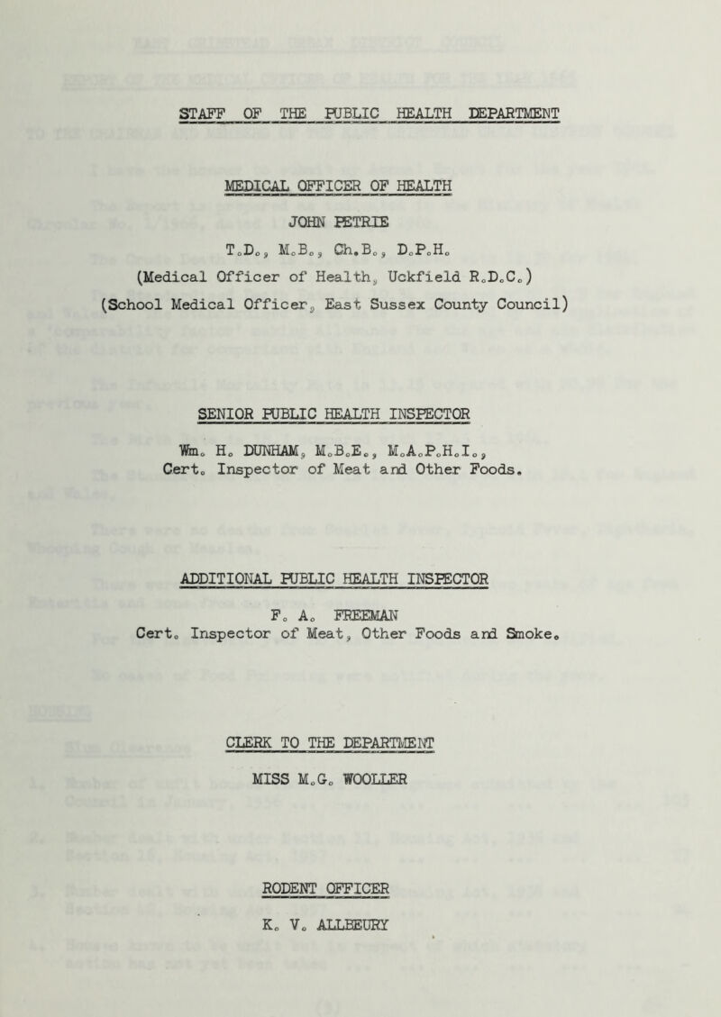 STAFF OF THE PUBLIC HEALTH DEPARTMENT MEDICAL OFFICER OF HEALTH JOHN PETRIE ToDo, MoBoj Ch.B0j DoPoHo (Medical Officer of Healthy Uckfield R0D0C0) (School Medical Officers East Sussex County Council) SENIOR PUBLIC HEALTH INSPECTOR mo Ho DUNHAM s M0B0E«, M0AoPoH0I0, Certo Inspector of Meat and Other Foods. ADDITIONAL PUBLIC HEALTH INSPECTOR F0 A0 FREEMAN Cert. Inspector of Meat* Other Foods and Smoke,, CLERK TO THE DEPARTMENT MISS M„ Go WOOLLER RODENT' OFFICER Ko Vo ALLBEUET