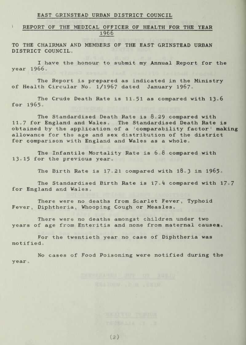 ' REPORT OF THE MEDICAL OFFICER OF HEALTH FOR THE YEAR 196 6 TO THE CHAIRMAN AND MEMBERS OF THE EAST GRINSTEAD URBAN DISTRICT COUNCILu I have the honour to submit my Annual Report for the year 19660 The Report is prepared as indicated in the Ministry of Health Circular No* 1/196? dated January 1967° The Crude Death Rate is llo51 as compared with 13°6 for l9b5o The Standardised Death Rate is 8029 compared with llo7 for England and Waleso The Standardised Death Rate is obtained by the application of a 'comparability factor' making allowance for the age and sex distribution of the district for comparison with England and Wales as a whole0 The Inf antile Mortality Rate is be. 6 compared with 13°15 for the previous year0 The Birth Rate is 17°21 compared with l8o3 in 19650 The Standardised Birth Rate is 17°^± compar ed with 17° 7 for England and Wales„ There were no deaths from Scarlet Fever, Typhoid Fever, Diphtheria, Whooping Cough or Measles«, There were no deaths amongst children under two years of age from Enteritis and none from maternal causes0 For the twentieth year no case of Diphtheria was no t i f i e d No cases of Food Poisoning were notified during the year a