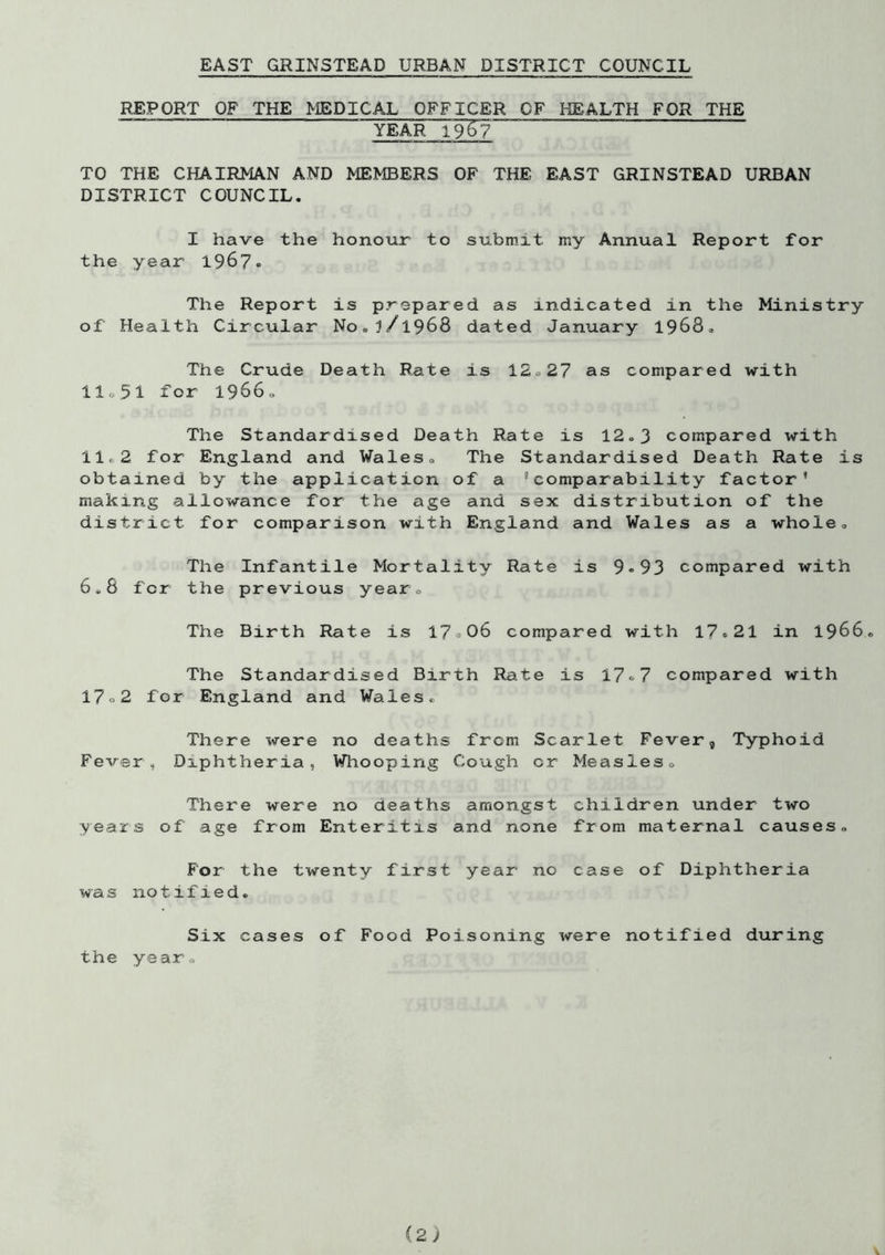 EAST GRINSTEAD URBAN DISTRICT COUNCIL REPORT OF THE MEDICAL OFFICER OF HEALTH FOR THE year 19Z7 TO THE CHAIRMAN AND MEMBERS OF THE EAST GRINSTEAD URBAN DISTRICT COUNCIL. I have the honour to submit, my Annual Report for the year 1967» The Report is prepared as indicated in the Ministry of Health Circular No.3/1968 dated January 1968. The Crude Death Rate is 12.27 as compared with 11,51 Tor 19660 The Standardised Death Rate is 12.3 compared with 11,2 for England and Wales. The Standardised Death Rate is obtained by the application of a 'comparability factor’ making allowance for the age and sex distribution of the district for comparison with England and Wales as a whole. The Infantile Mortality Rate is 9*93 compared with 6.8 for the previous year. The Birth Rate is 17*06 compared with 17*21 in 1966 The Standardised Birth Rate is 17 <-7 compared with 17o2 for England and Wales. There were no deaths from Scarlet Fever, Typhoid Fever, Diphtheria, Whooping Cough cr Measles. There were no deaths amongst children under two years of age from Enteritis and none from maternal causes. For the twenty first year no case of Diphtheria was notified. Six cases of Food Poisoning were notified during the year..